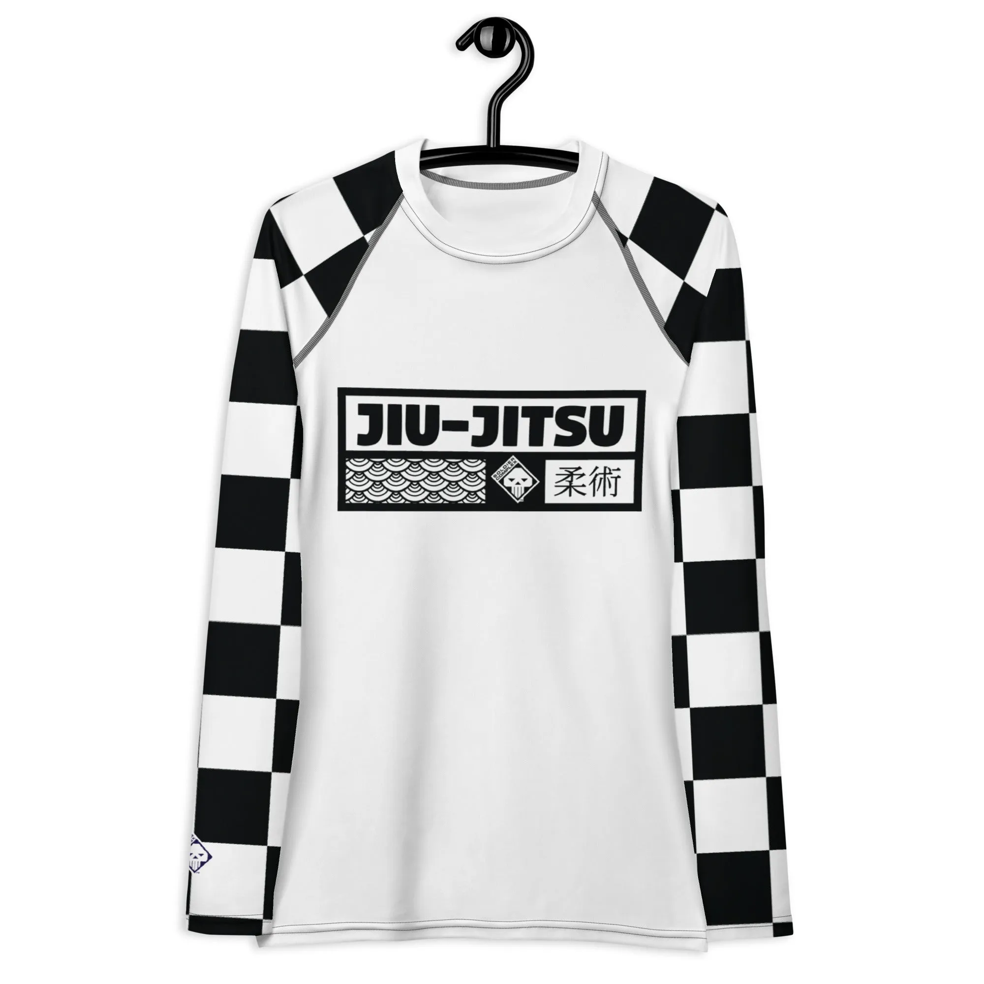 Checkered Charm: Women's Long Sleeve BJJ Rash Guard for Style and Safety - Blanc Jiu-Jitsu