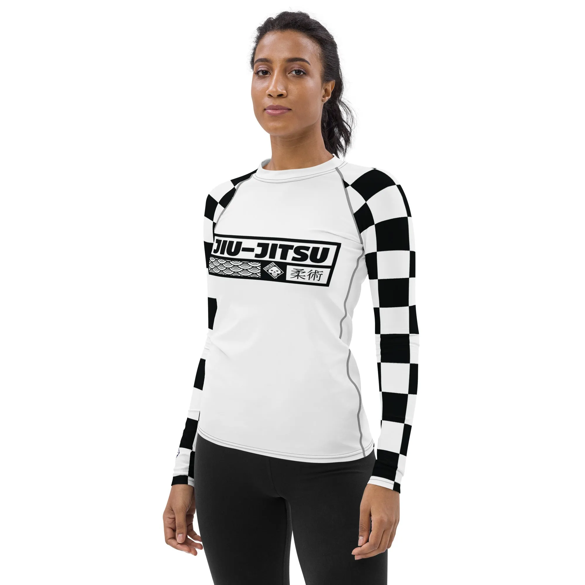 Checkered Charm: Women's Long Sleeve BJJ Rash Guard for Style and Safety - Blanc Jiu-Jitsu