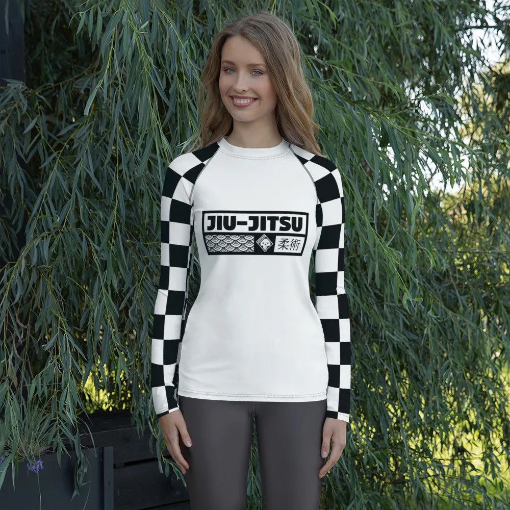 Checkered Charm: Women's Long Sleeve BJJ Rash Guard for Style and Safety - Blanc Jiu-Jitsu