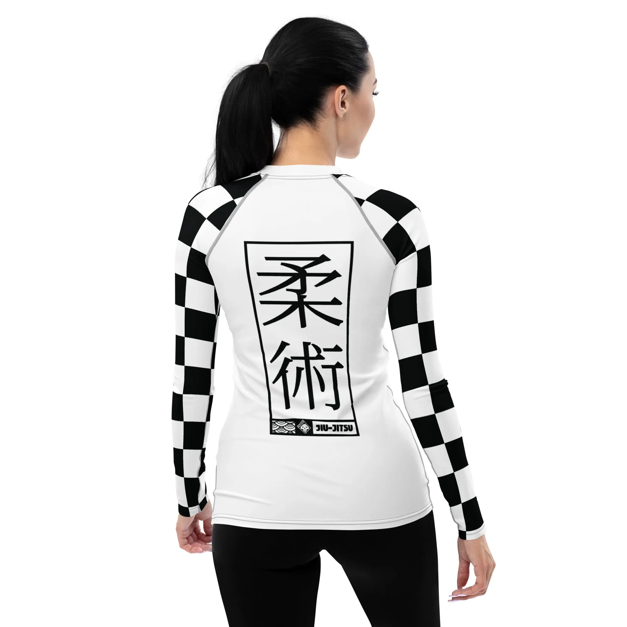 Checkered Charm: Women's Long Sleeve BJJ Rash Guard for Style and Safety - Blanc Jiu-Jitsu