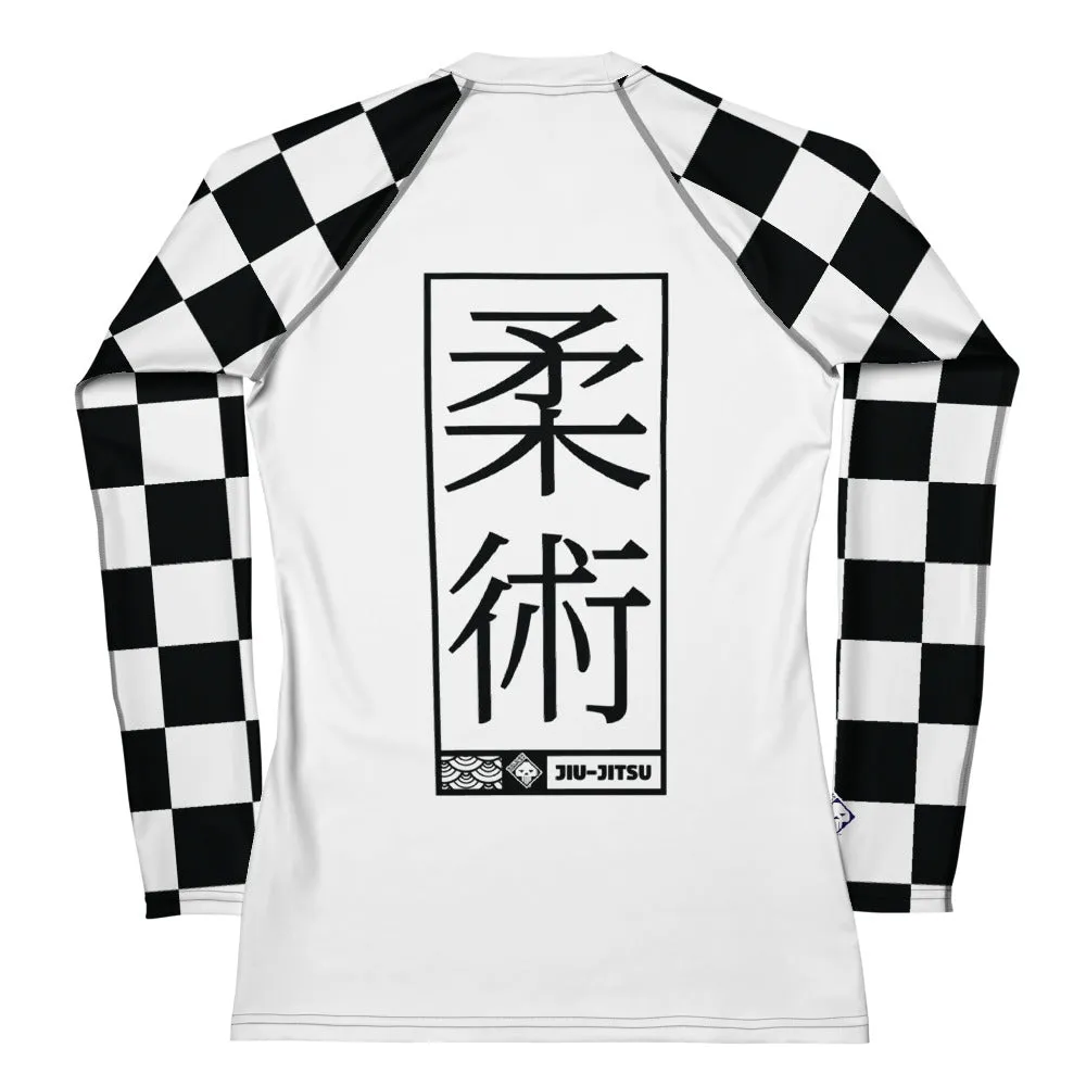 Checkered Charm: Women's Long Sleeve BJJ Rash Guard for Style and Safety - Blanc Jiu-Jitsu