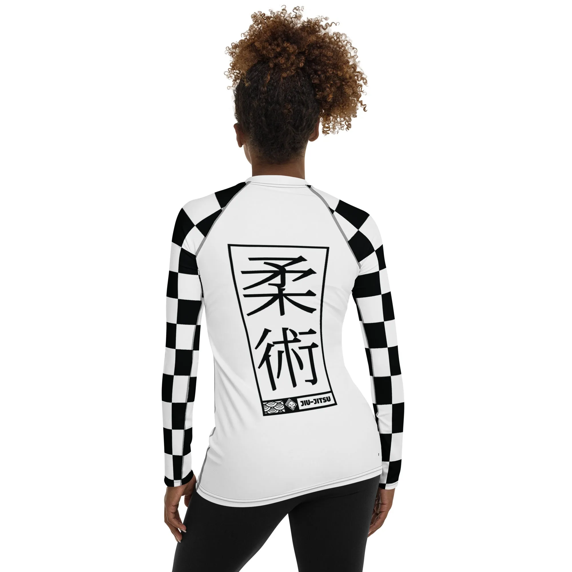 Checkered Charm: Women's Long Sleeve BJJ Rash Guard for Style and Safety - Blanc Jiu-Jitsu