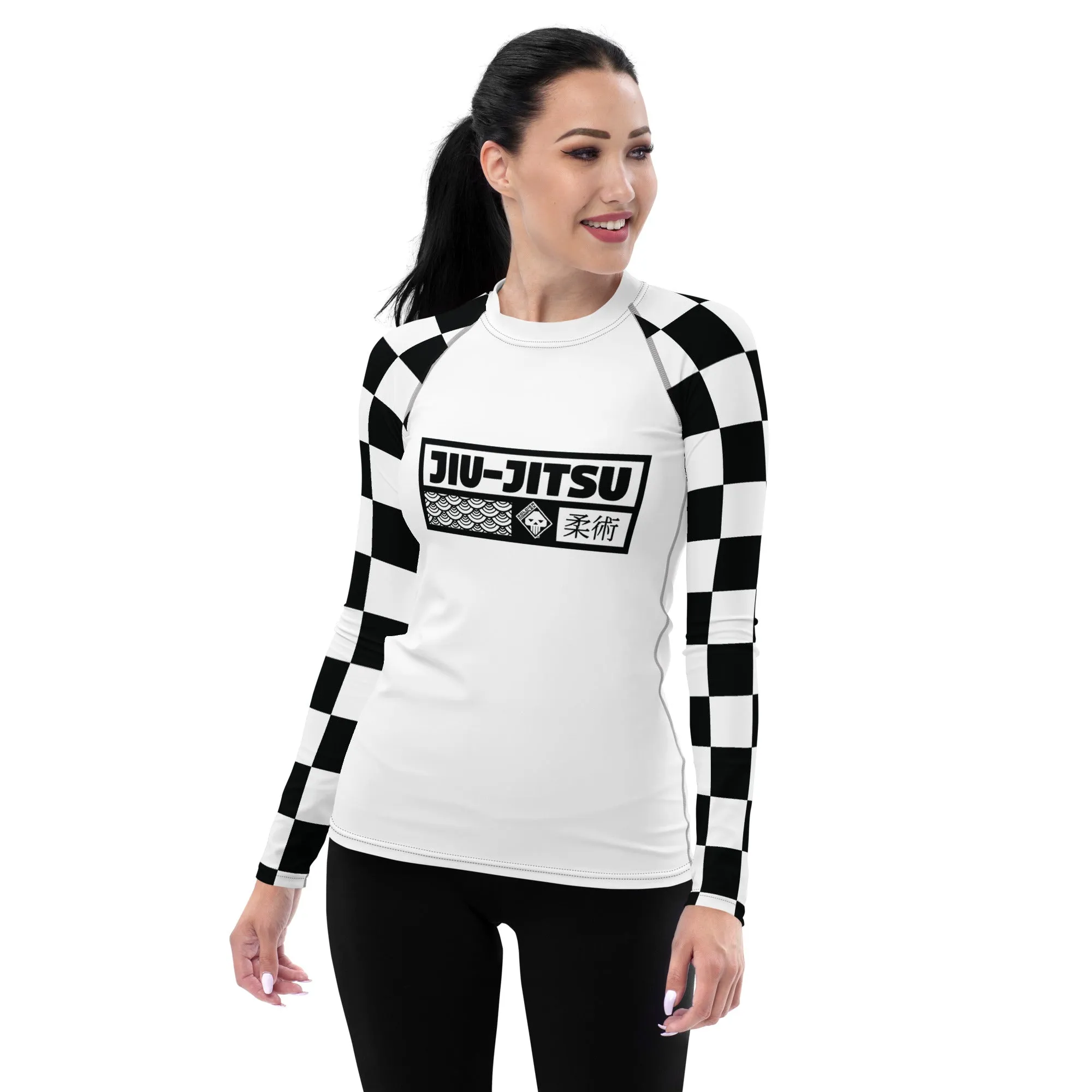 Checkered Charm: Women's Long Sleeve BJJ Rash Guard for Style and Safety - Blanc Jiu-Jitsu