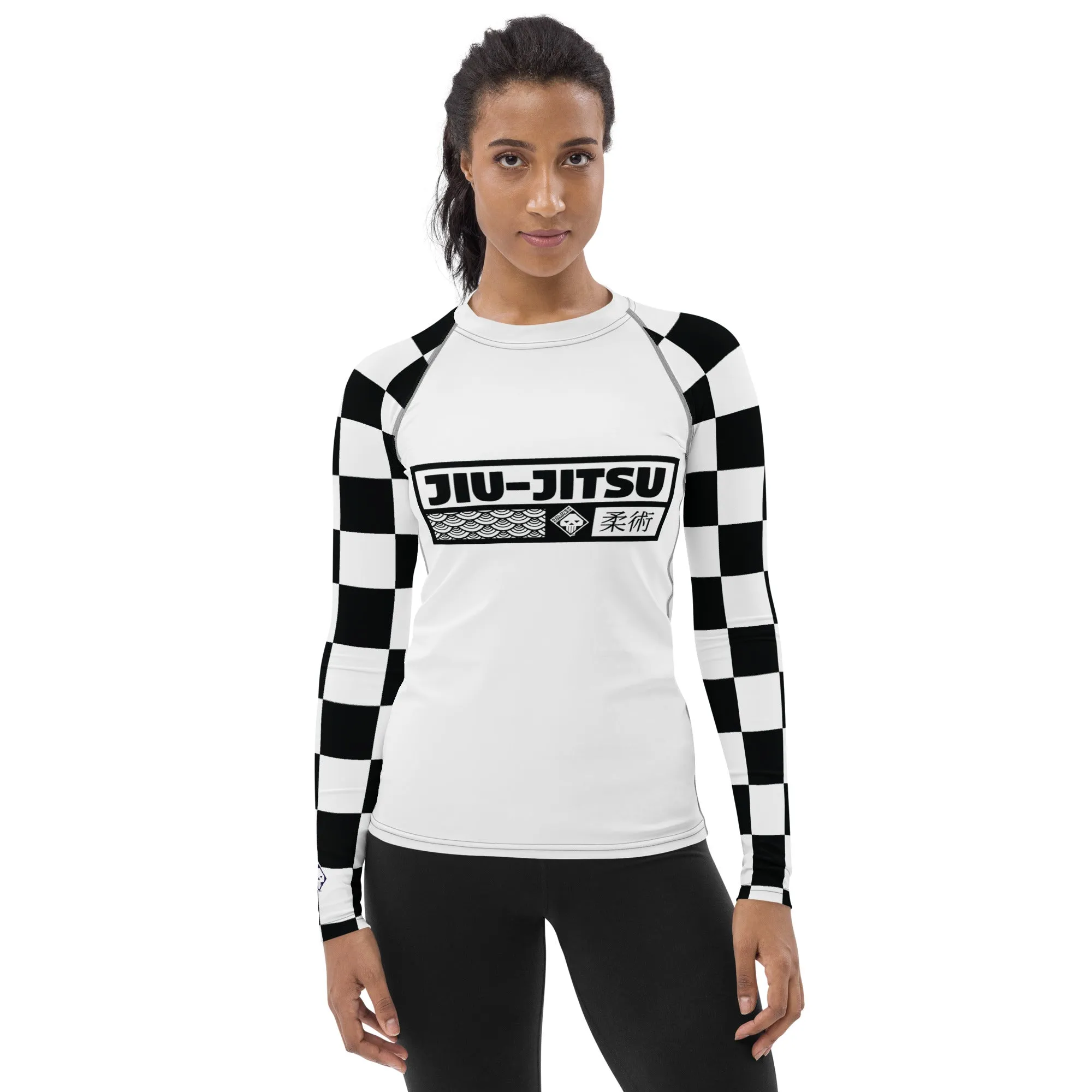 Checkered Charm: Women's Long Sleeve BJJ Rash Guard for Style and Safety - Blanc Jiu-Jitsu