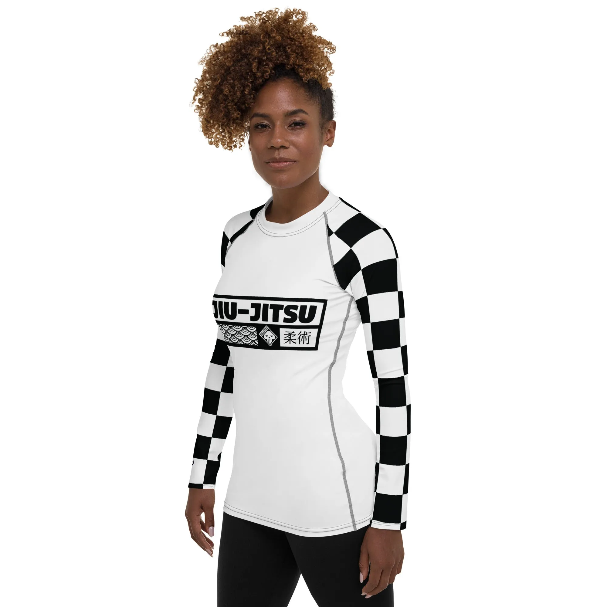 Checkered Charm: Women's Long Sleeve BJJ Rash Guard for Style and Safety - Blanc Jiu-Jitsu