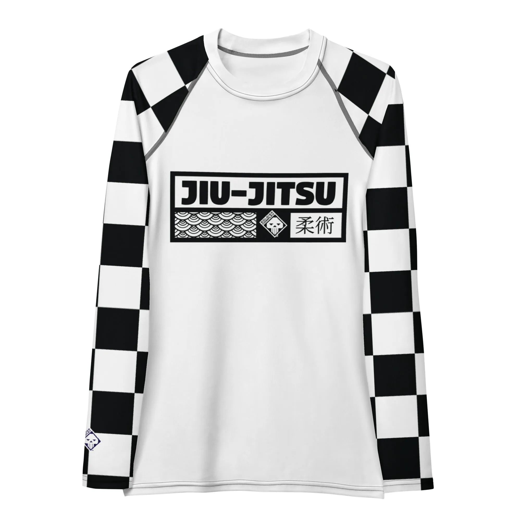 Checkered Charm: Women's Long Sleeve BJJ Rash Guard for Style and Safety - Blanc Jiu-Jitsu