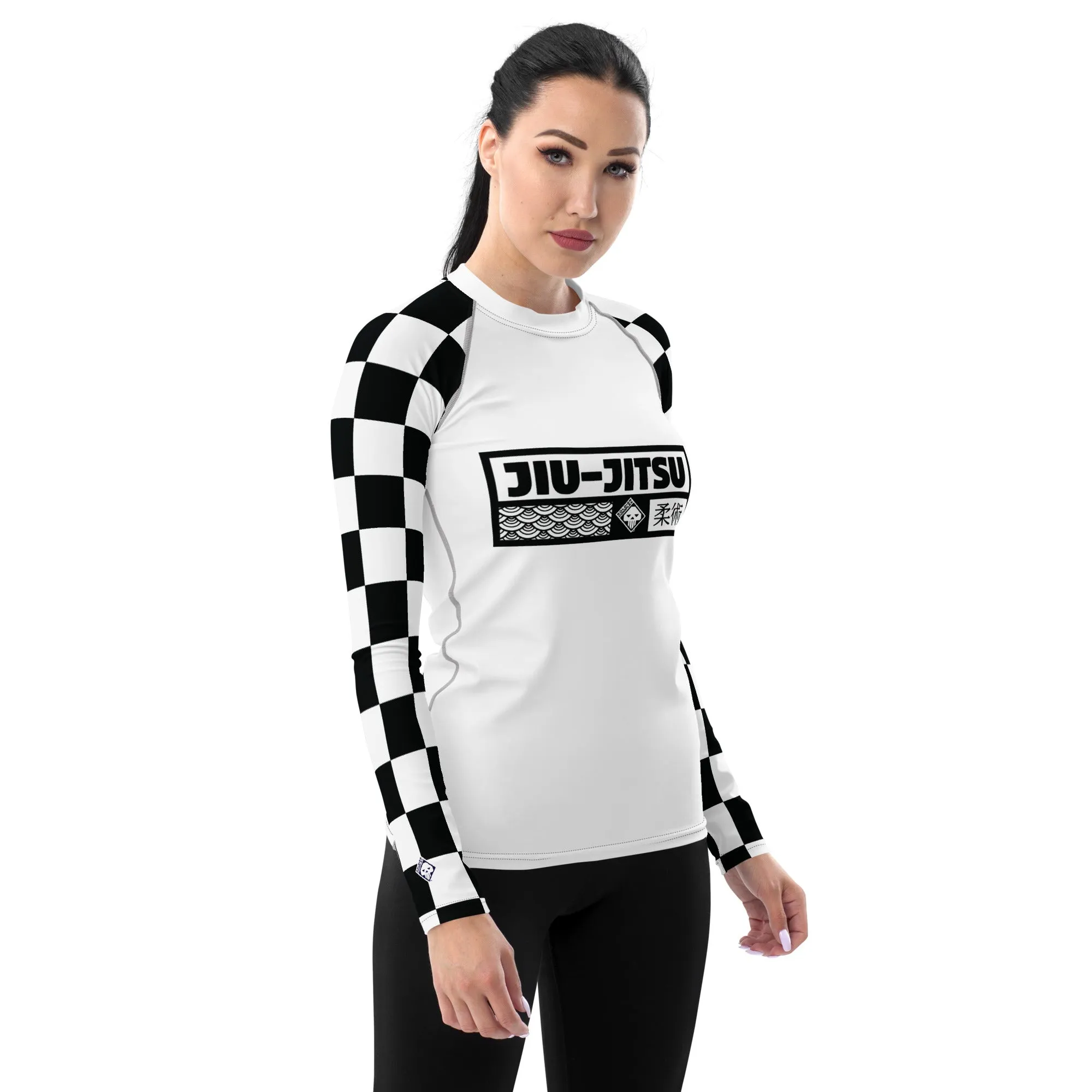 Checkered Charm: Women's Long Sleeve BJJ Rash Guard for Style and Safety - Blanc Jiu-Jitsu