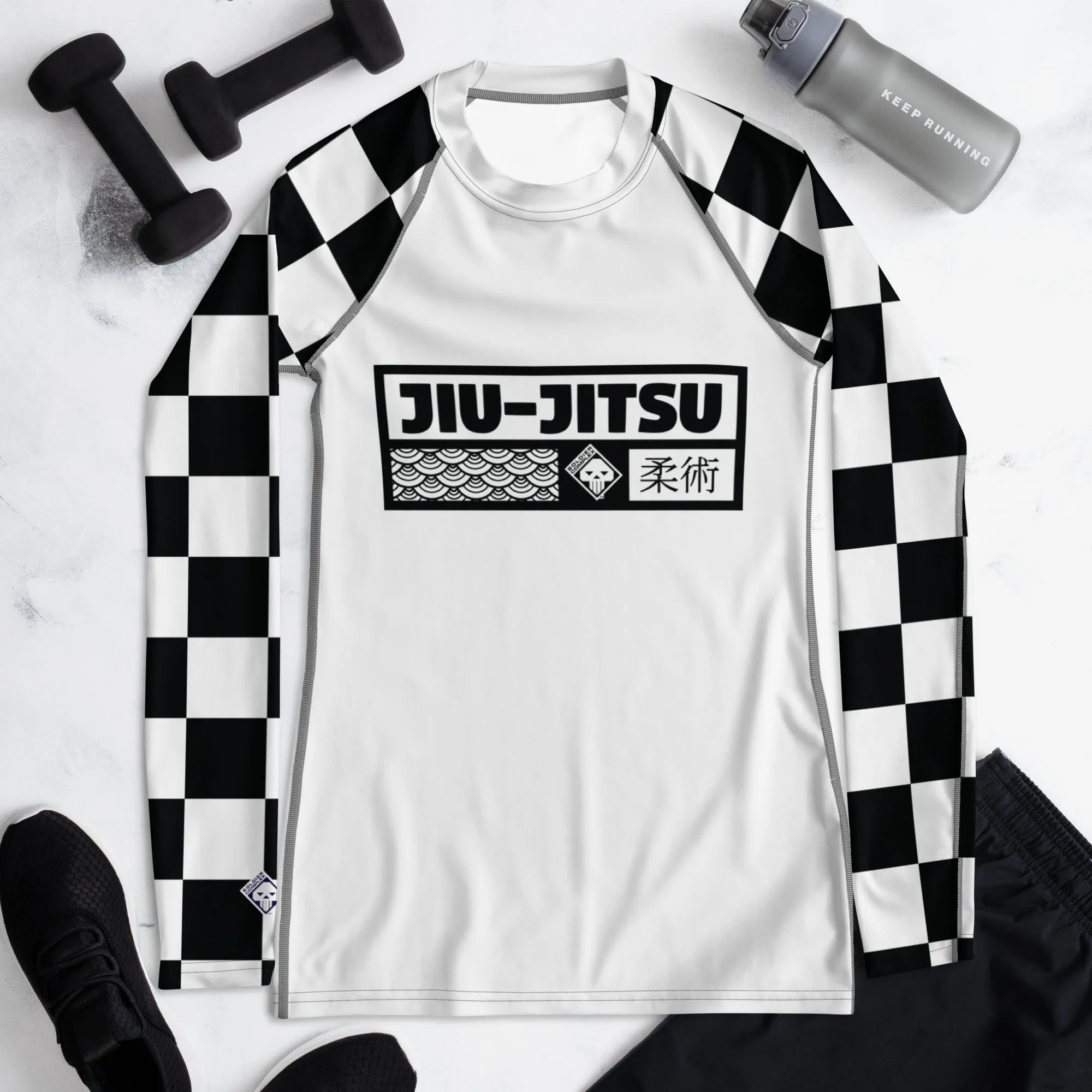 Checkered Charm: Women's Long Sleeve BJJ Rash Guard for Style and Safety - Blanc Jiu-Jitsu