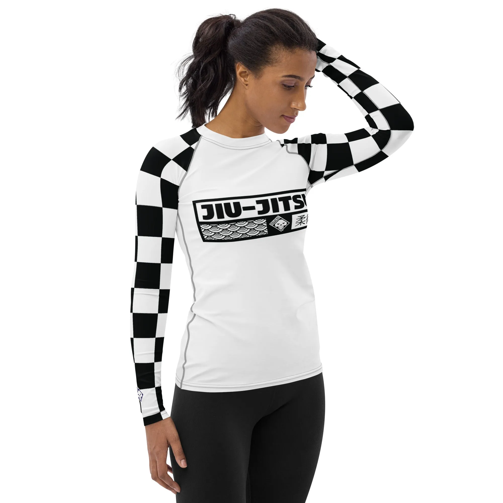 Checkered Charm: Women's Long Sleeve BJJ Rash Guard for Style and Safety - Blanc Jiu-Jitsu