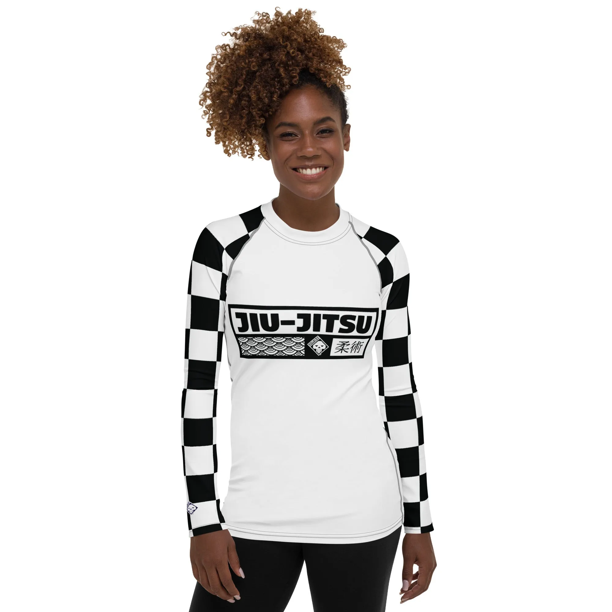 Checkered Charm: Women's Long Sleeve BJJ Rash Guard for Style and Safety - Blanc Jiu-Jitsu