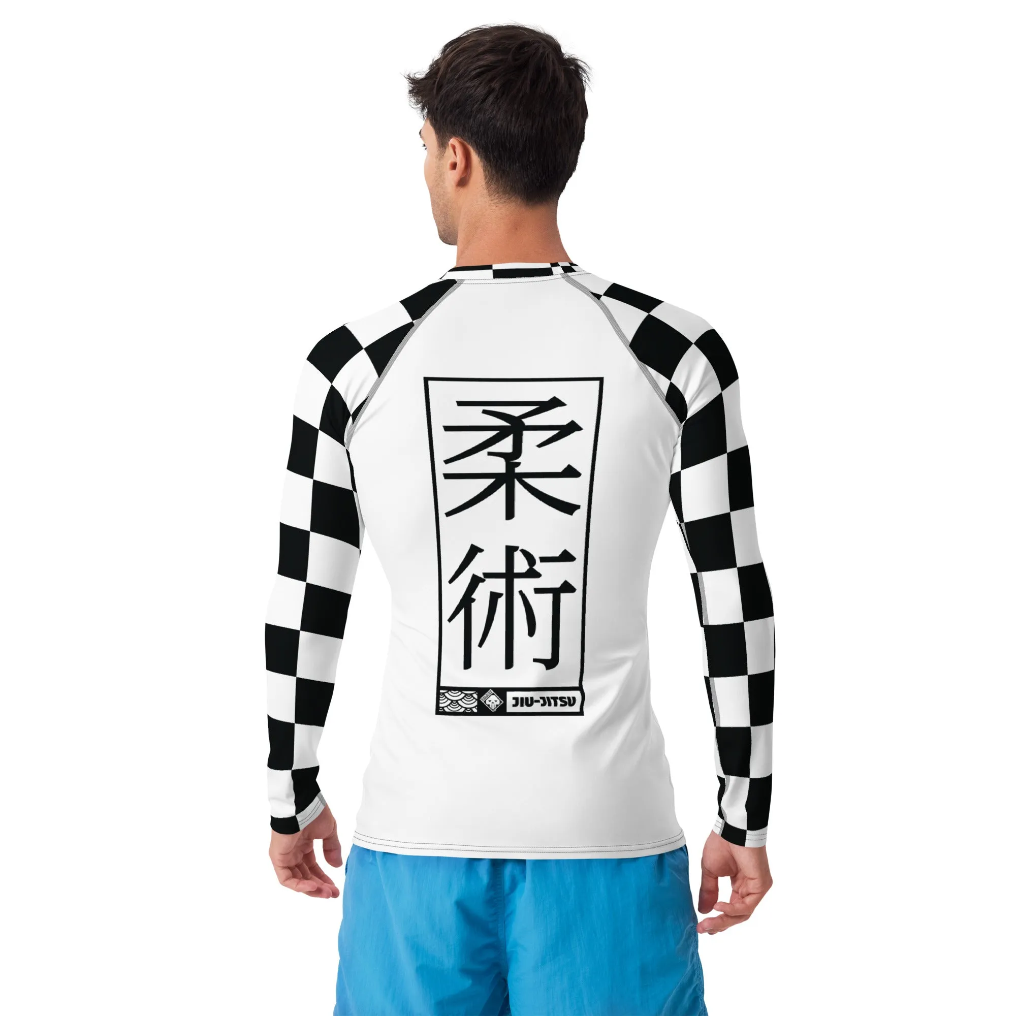 Chic Combat Wear: Checkered Men's Long Sleeve BJJ Rash Guard - Blanc Jiu-Jitsu