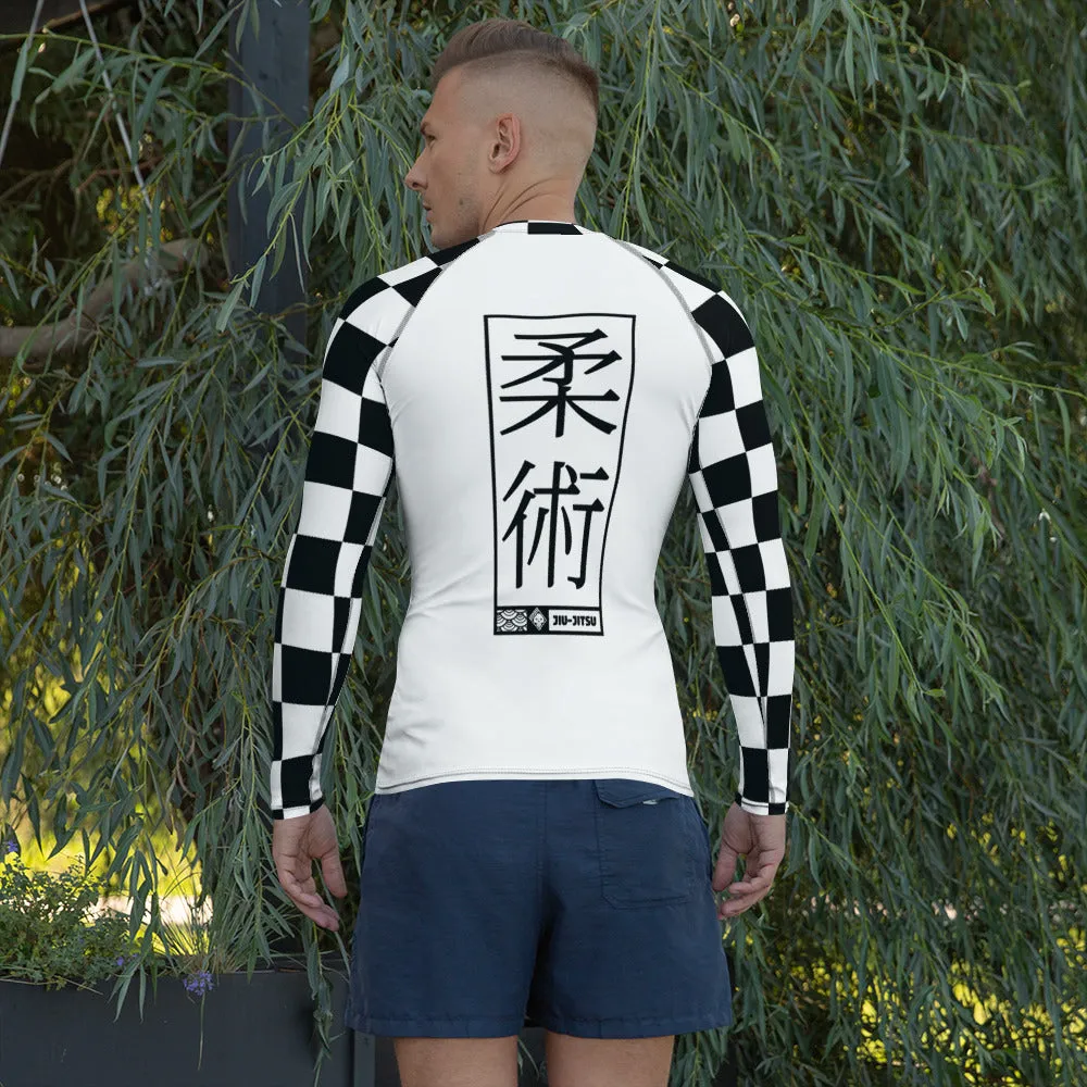 Chic Combat Wear: Checkered Men's Long Sleeve BJJ Rash Guard - Blanc Jiu-Jitsu