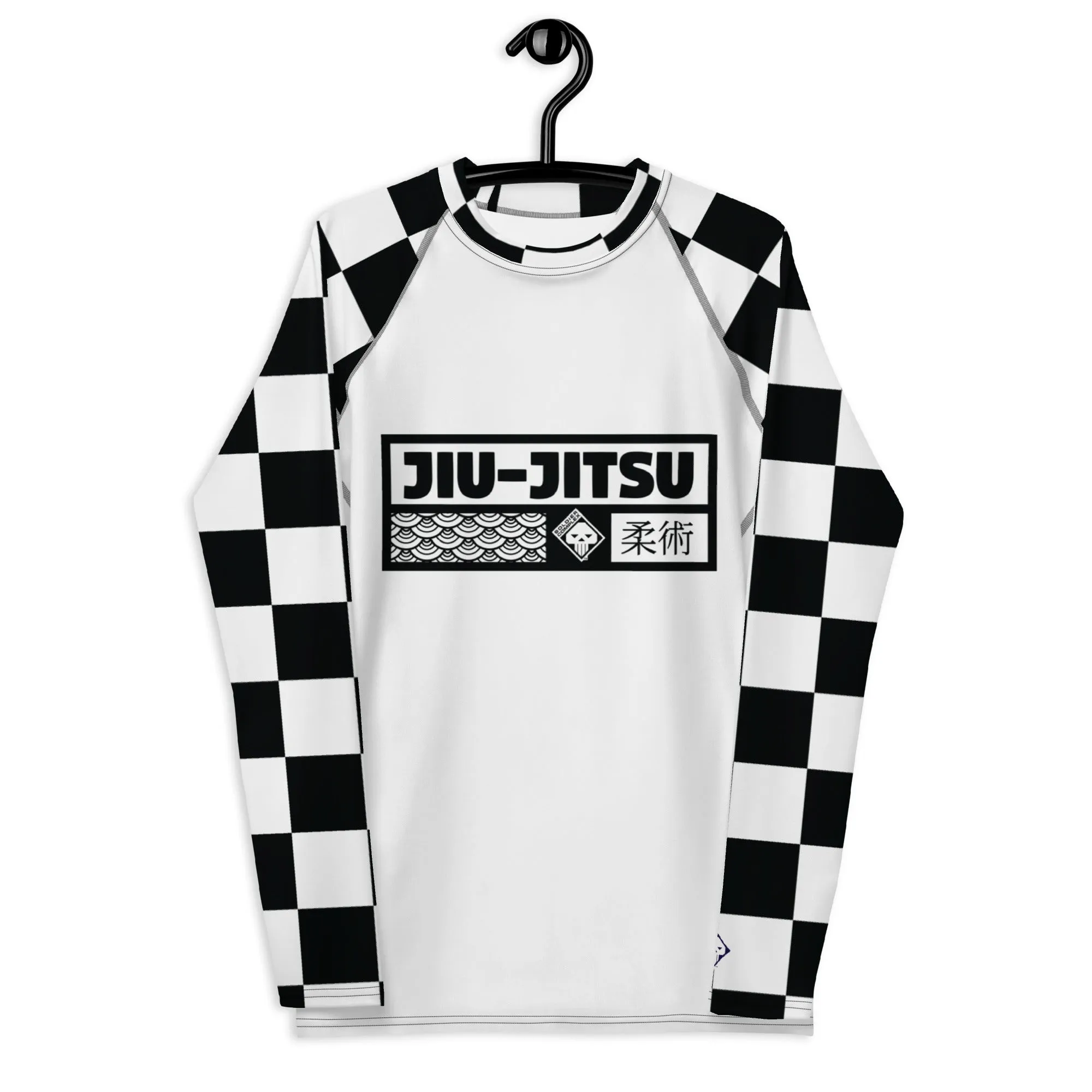 Chic Combat Wear: Checkered Men's Long Sleeve BJJ Rash Guard - Blanc Jiu-Jitsu