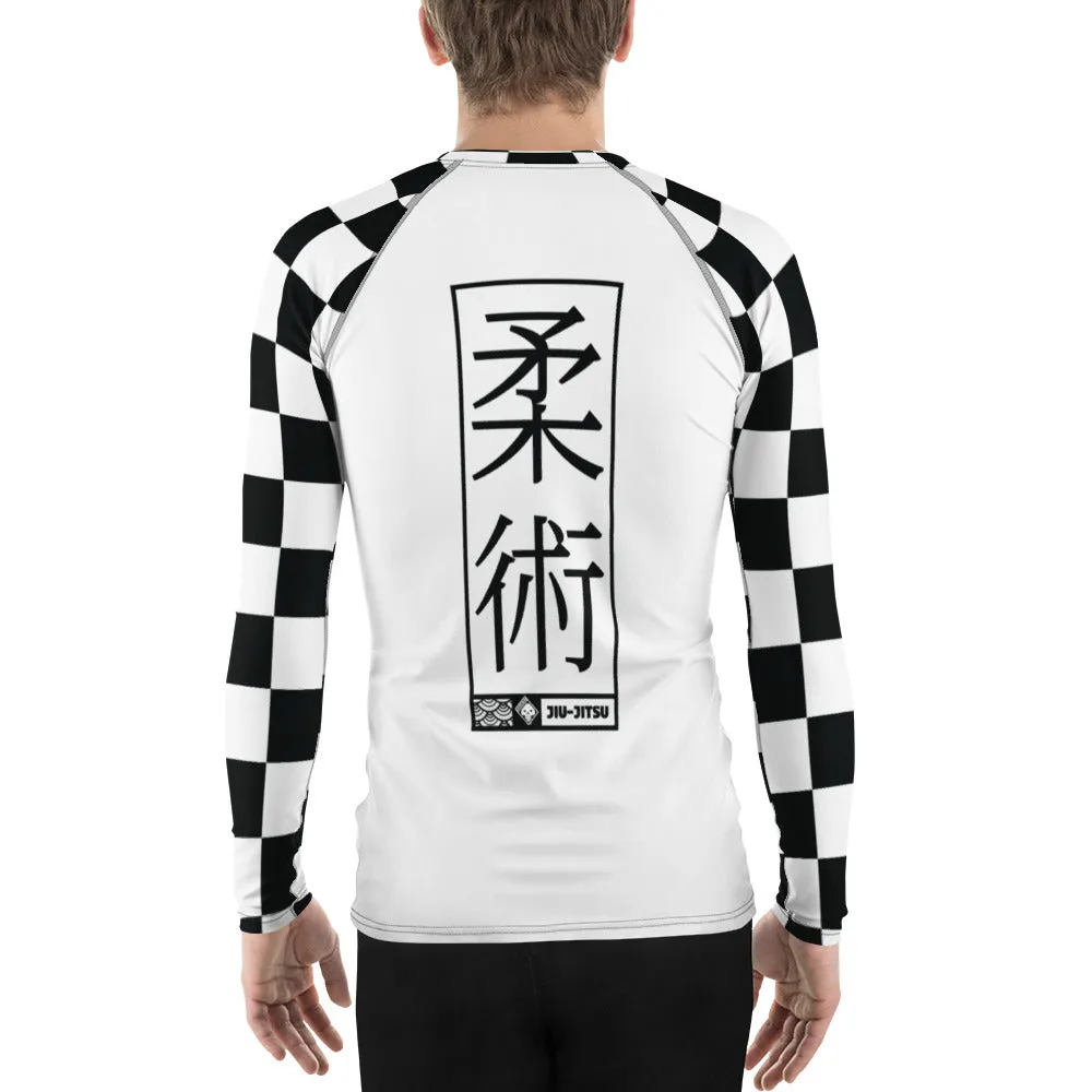 Chic Combat Wear: Checkered Men's Long Sleeve BJJ Rash Guard - Blanc Jiu-Jitsu