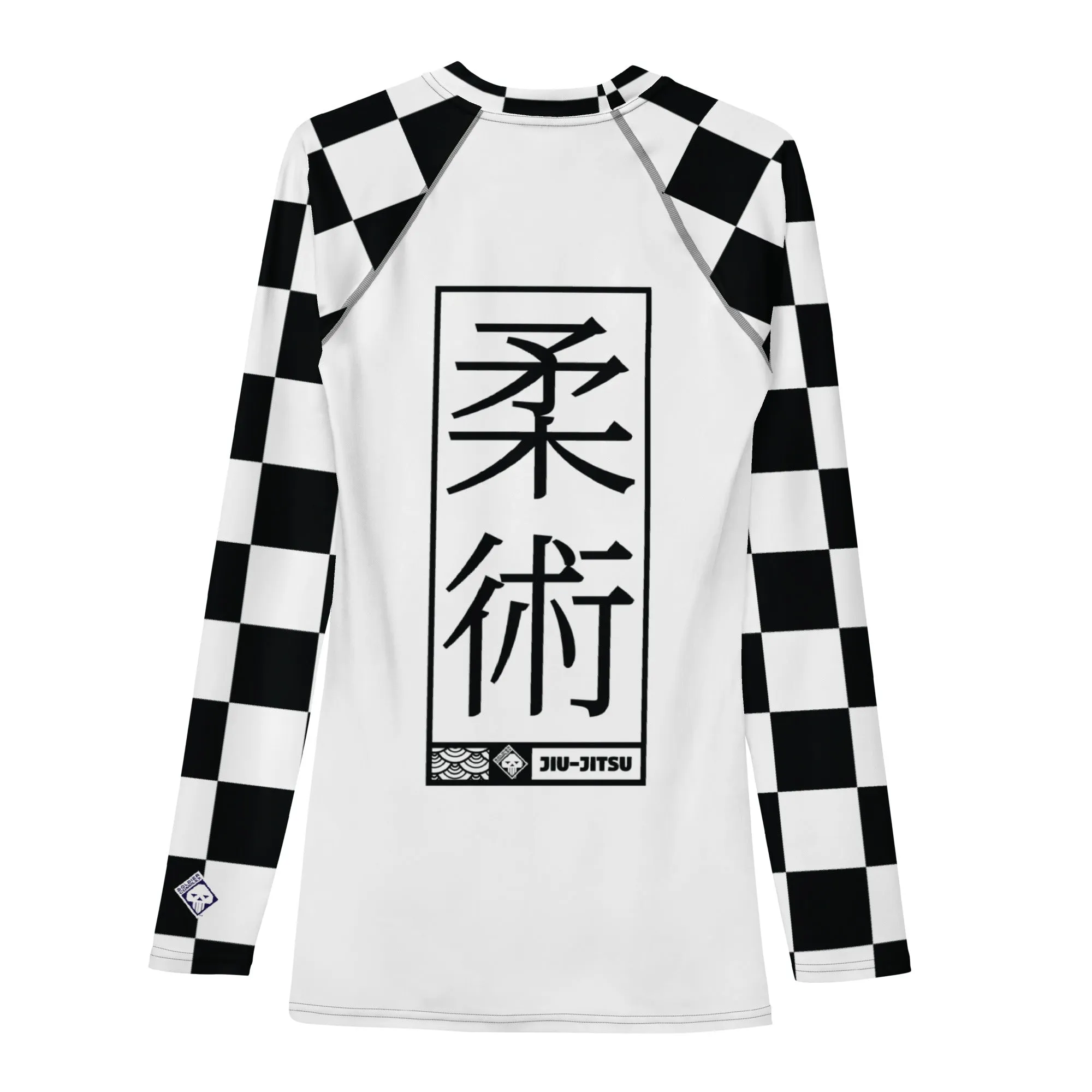 Chic Combat Wear: Checkered Men's Long Sleeve BJJ Rash Guard - Blanc Jiu-Jitsu