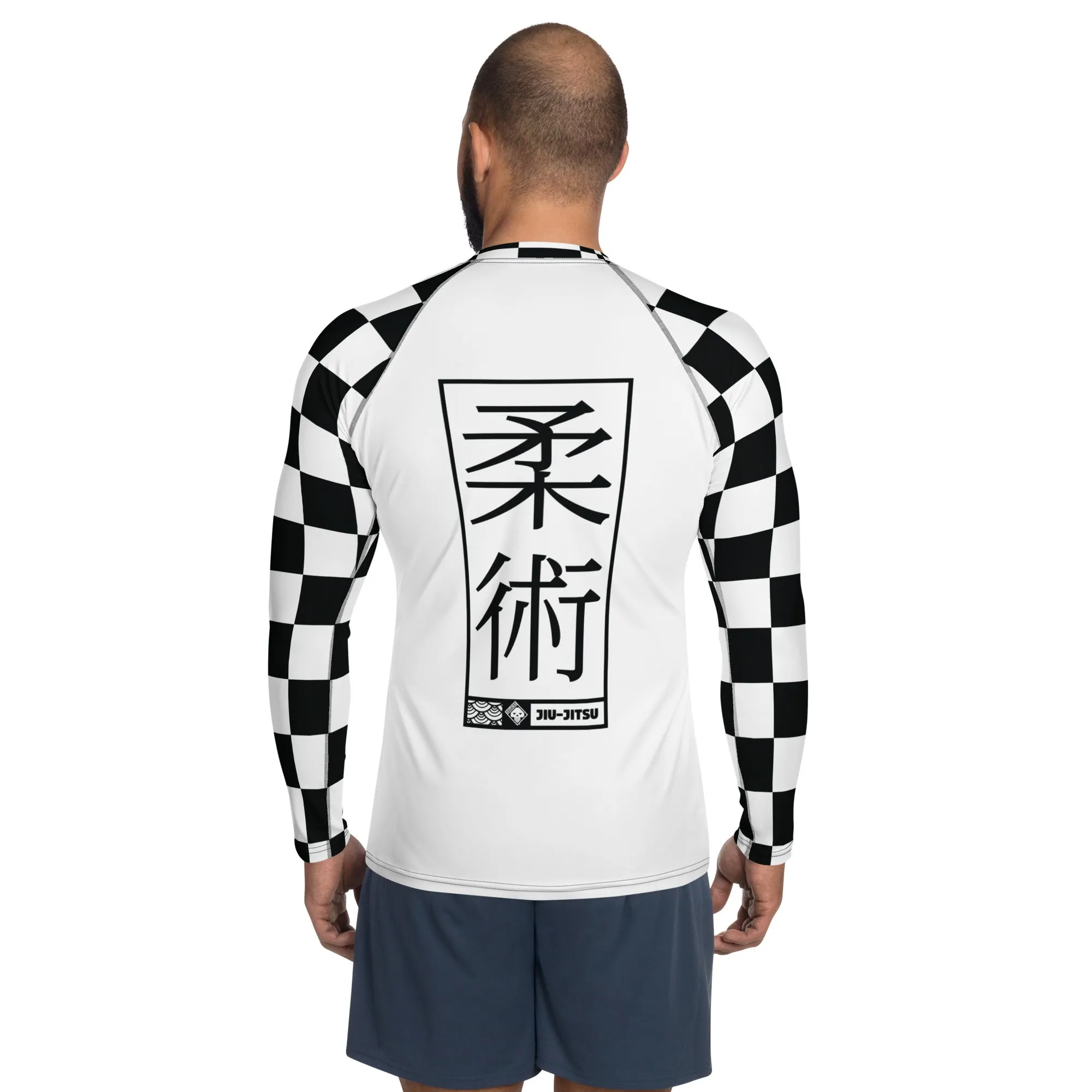 Chic Combat Wear: Checkered Men's Long Sleeve BJJ Rash Guard - Blanc Jiu-Jitsu