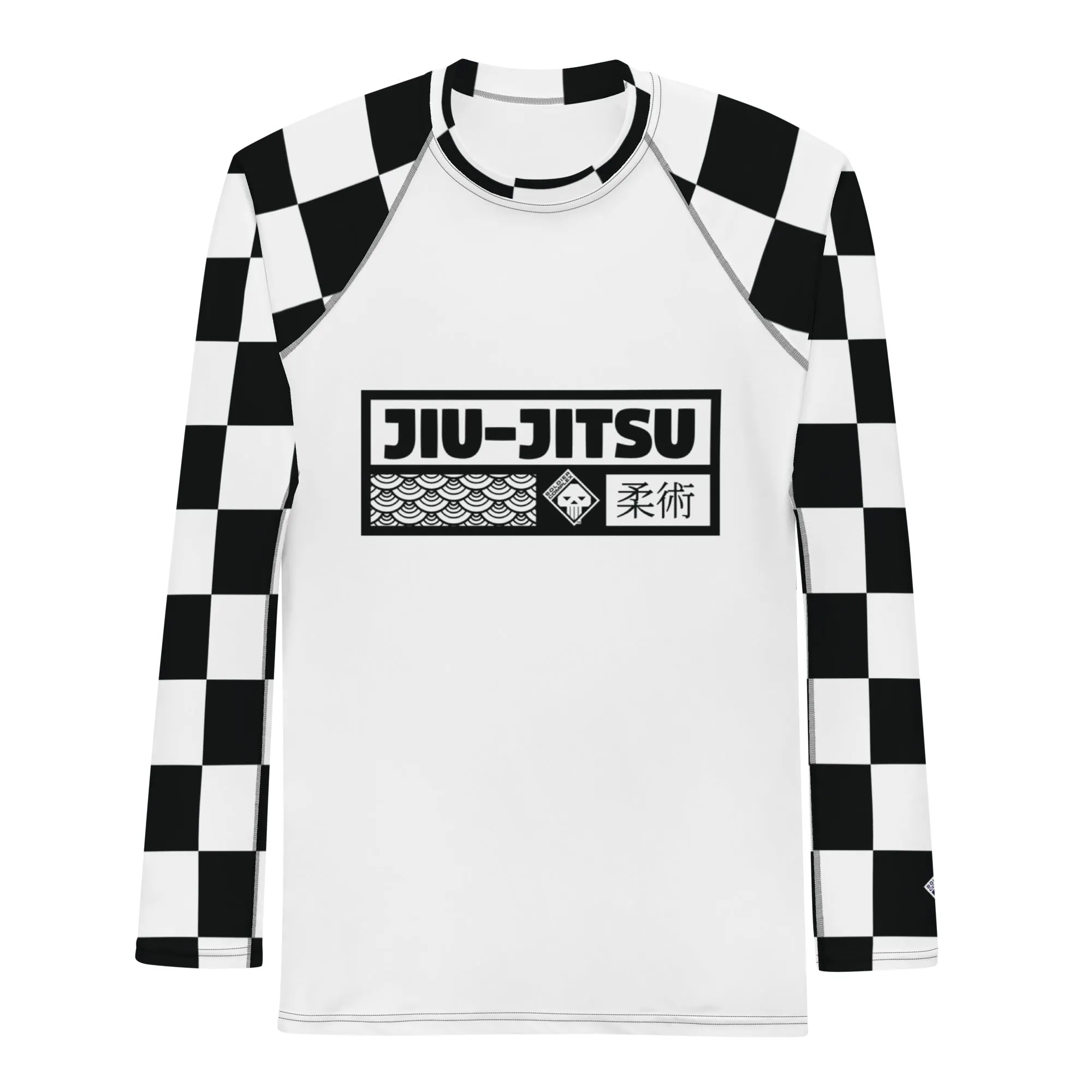 Chic Combat Wear: Checkered Men's Long Sleeve BJJ Rash Guard - Blanc Jiu-Jitsu