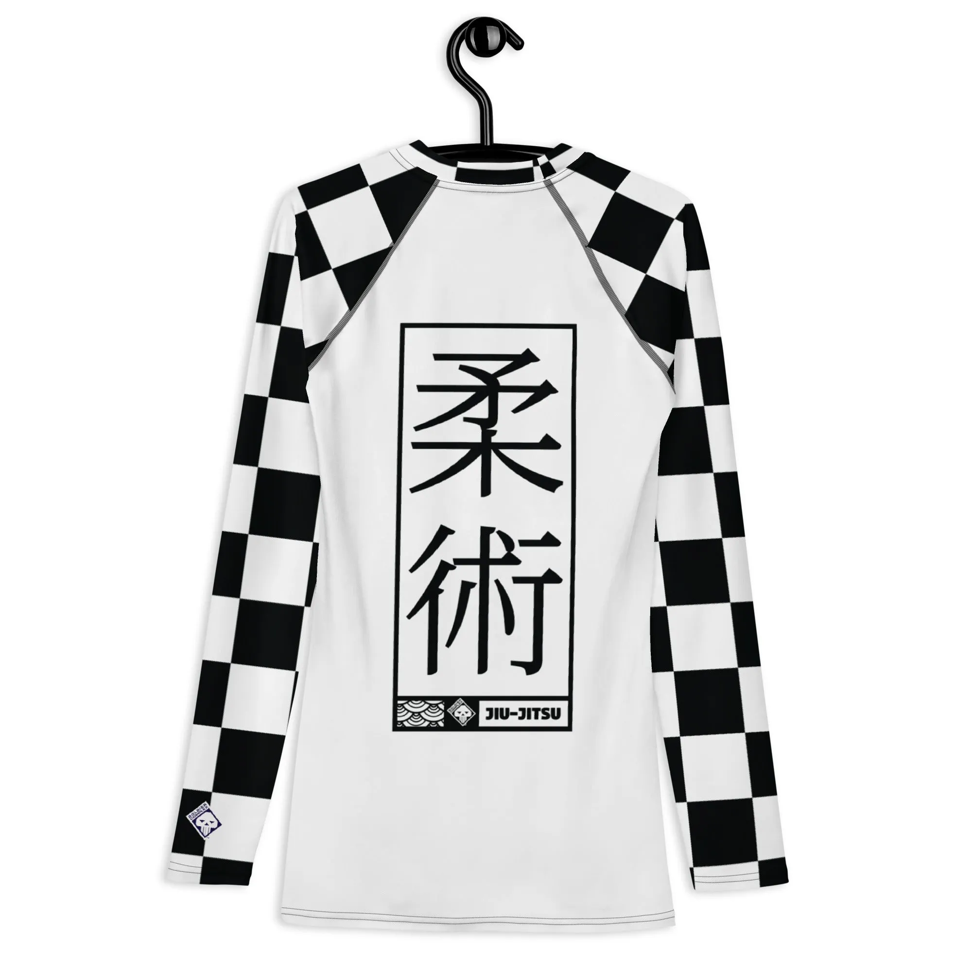 Chic Combat Wear: Checkered Men's Long Sleeve BJJ Rash Guard - Blanc Jiu-Jitsu