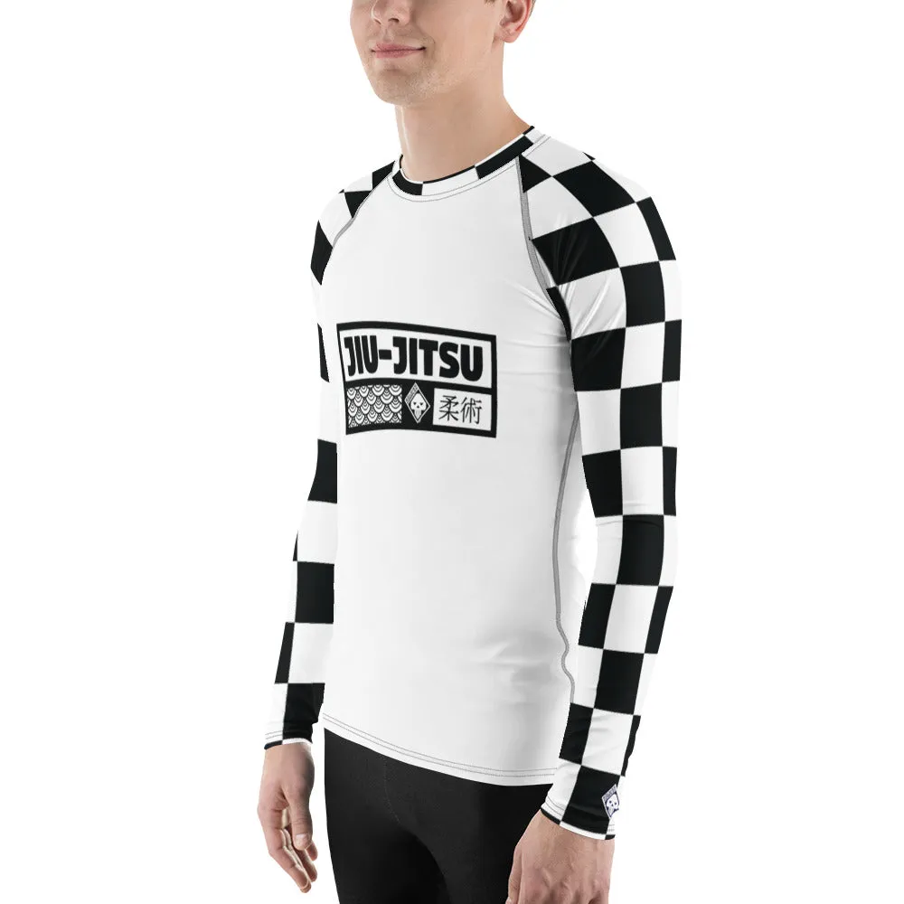 Chic Combat Wear: Checkered Men's Long Sleeve BJJ Rash Guard - Blanc Jiu-Jitsu