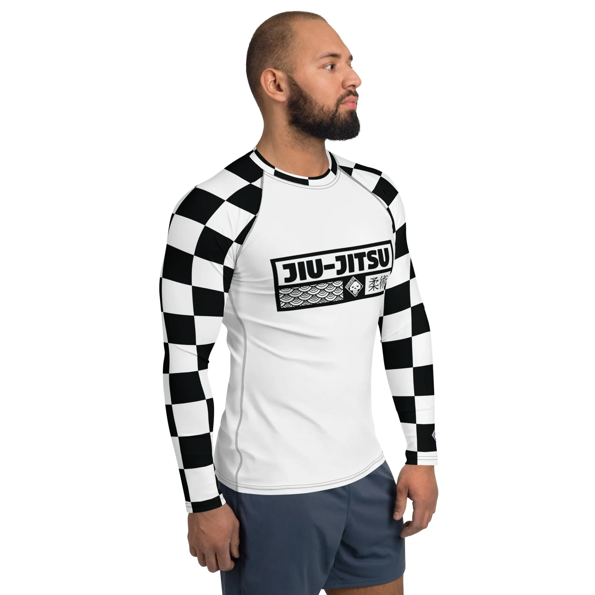 Chic Combat Wear: Checkered Men's Long Sleeve BJJ Rash Guard - Blanc Jiu-Jitsu