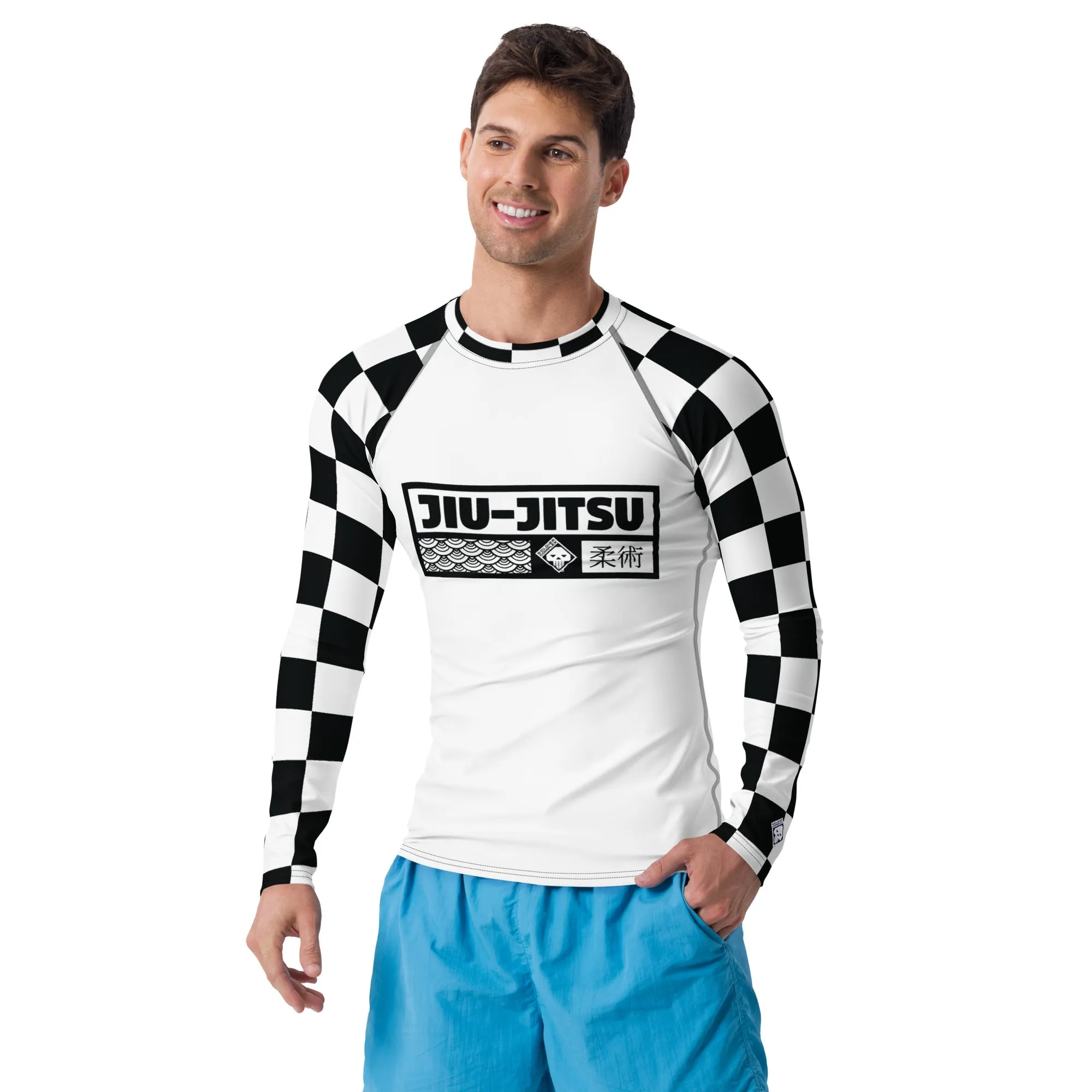 Chic Combat Wear: Checkered Men's Long Sleeve BJJ Rash Guard - Blanc Jiu-Jitsu