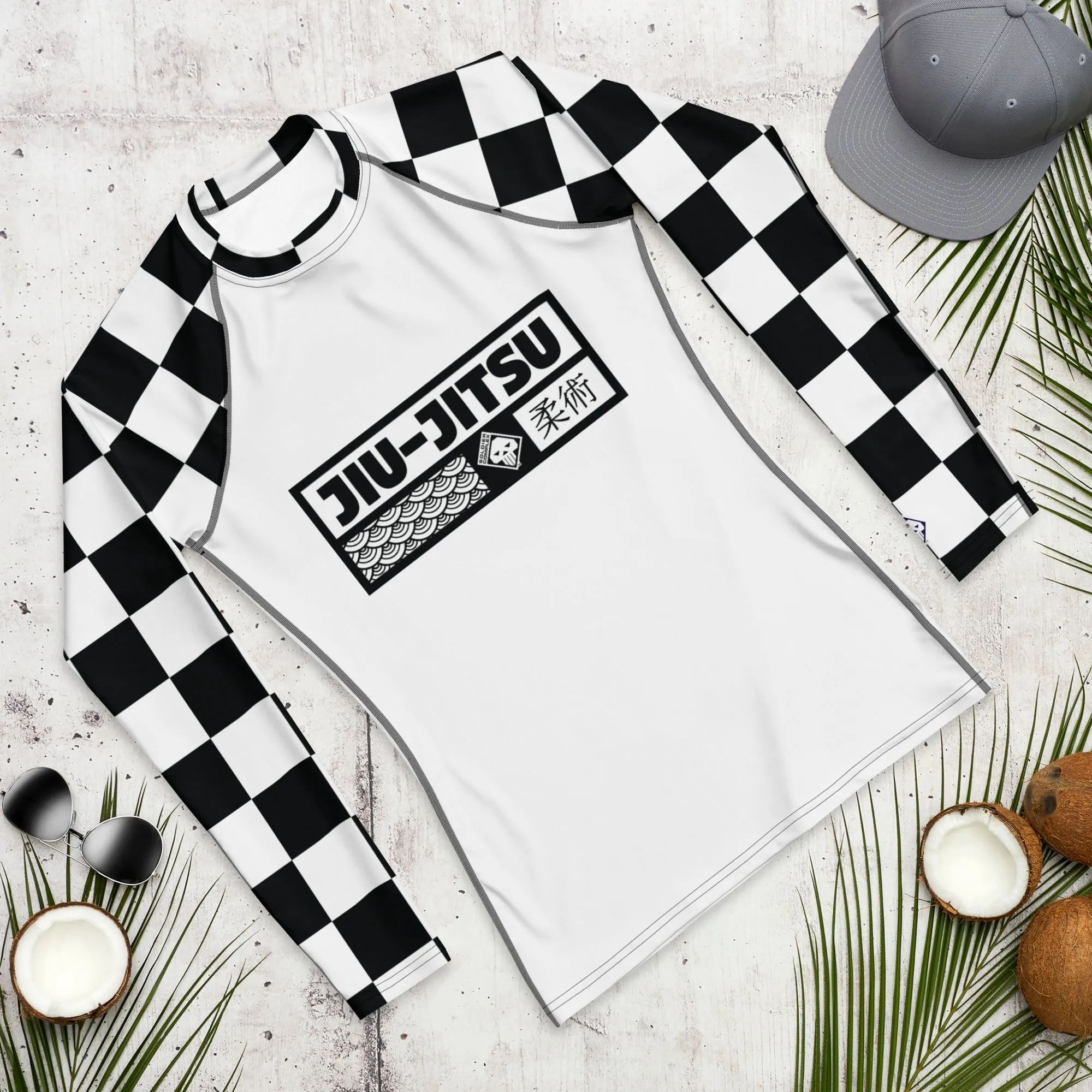 Chic Combat Wear: Checkered Men's Long Sleeve BJJ Rash Guard - Blanc Jiu-Jitsu