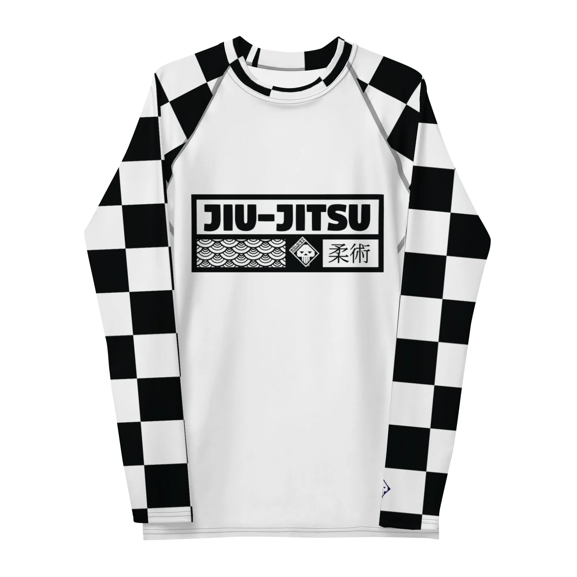 Chic Combat Wear: Checkered Men's Long Sleeve BJJ Rash Guard - Blanc Jiu-Jitsu