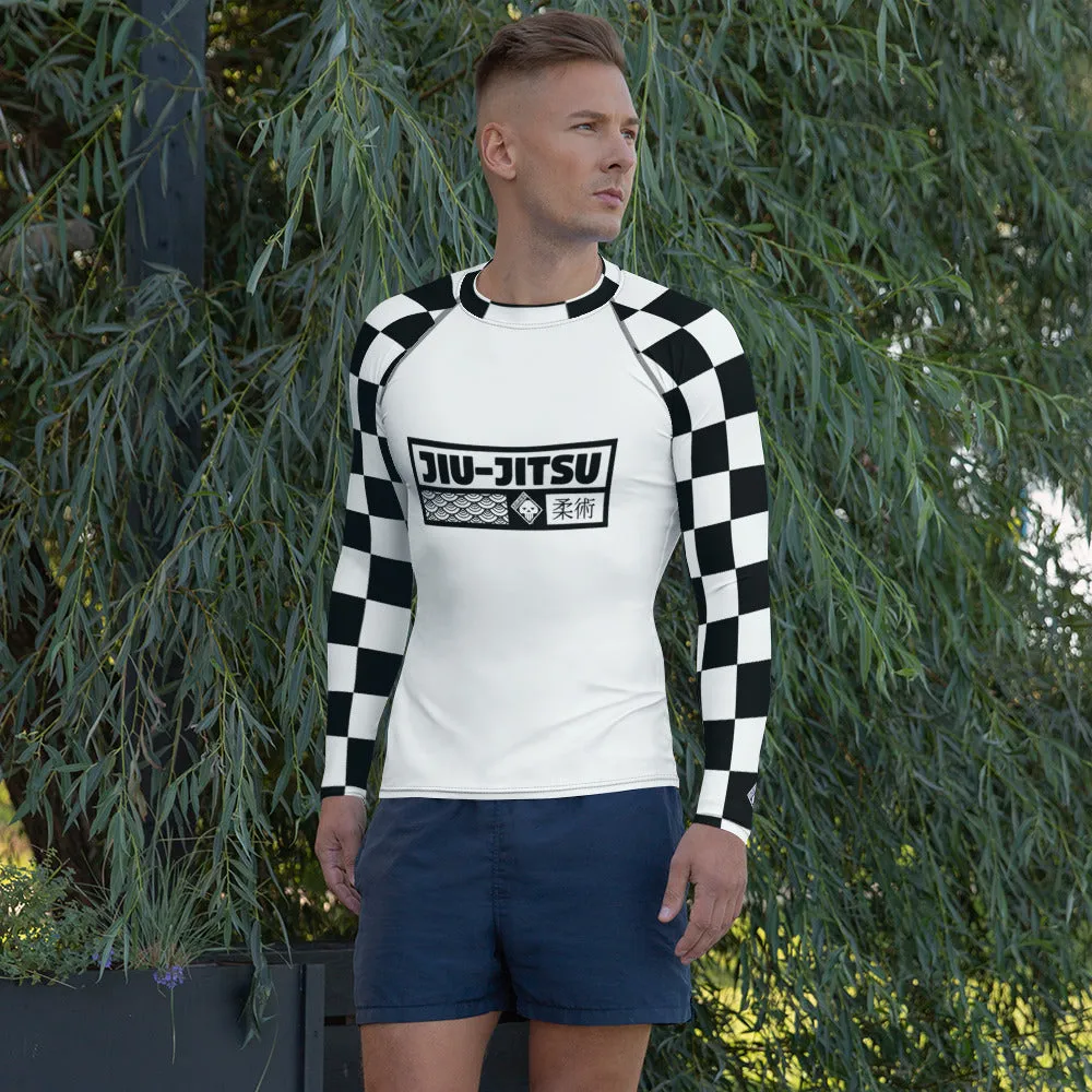 Chic Combat Wear: Checkered Men's Long Sleeve BJJ Rash Guard - Blanc Jiu-Jitsu