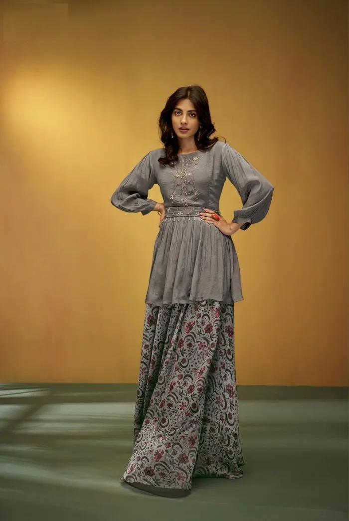 Classy Grey Peplum Top with Organza Skirt - Rent