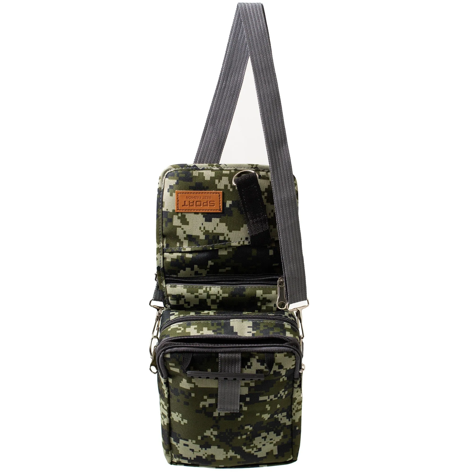 CLEARANCE UNISEX SHOULDER BAG (CASE OF 24  - $2.50 / PIECE)  Black & Assorted Camo Prints SKU: 1301-24