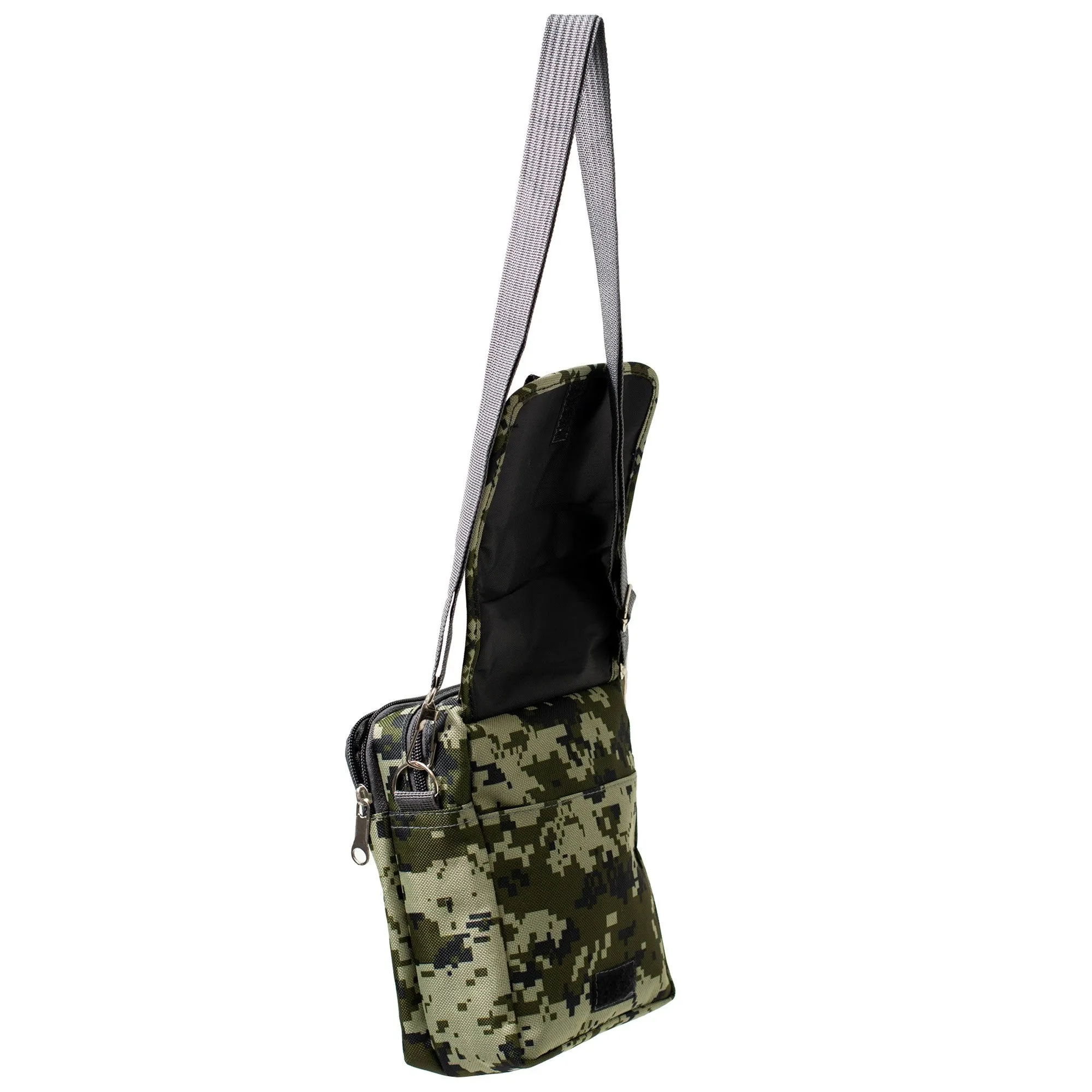 CLEARANCE UNISEX SHOULDER BAG (CASE OF 24  - $2.50 / PIECE)  Black & Assorted Camo Prints SKU: 1301-24