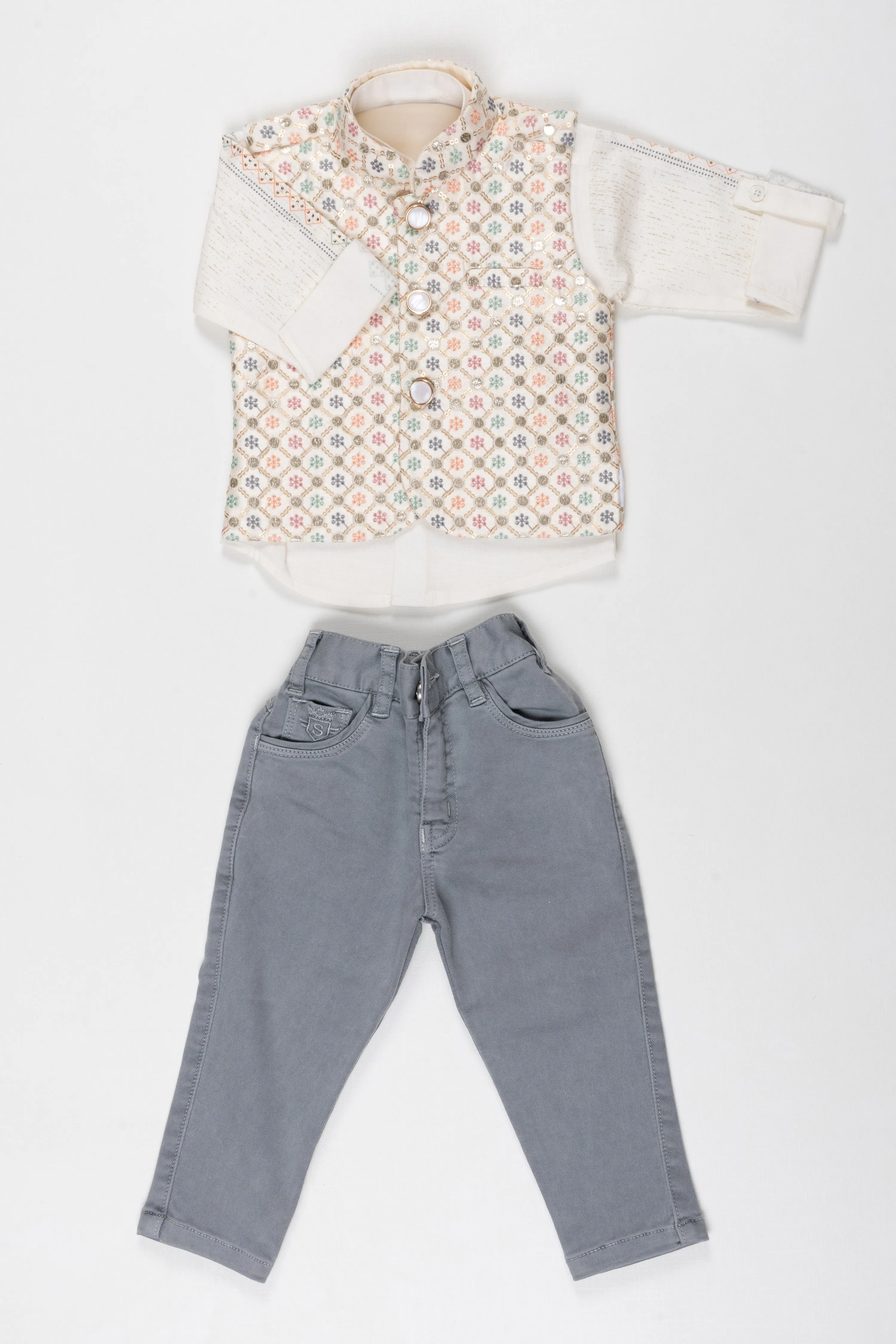 Elegant Floral Vest and Grey Trousers Ensemble for Children