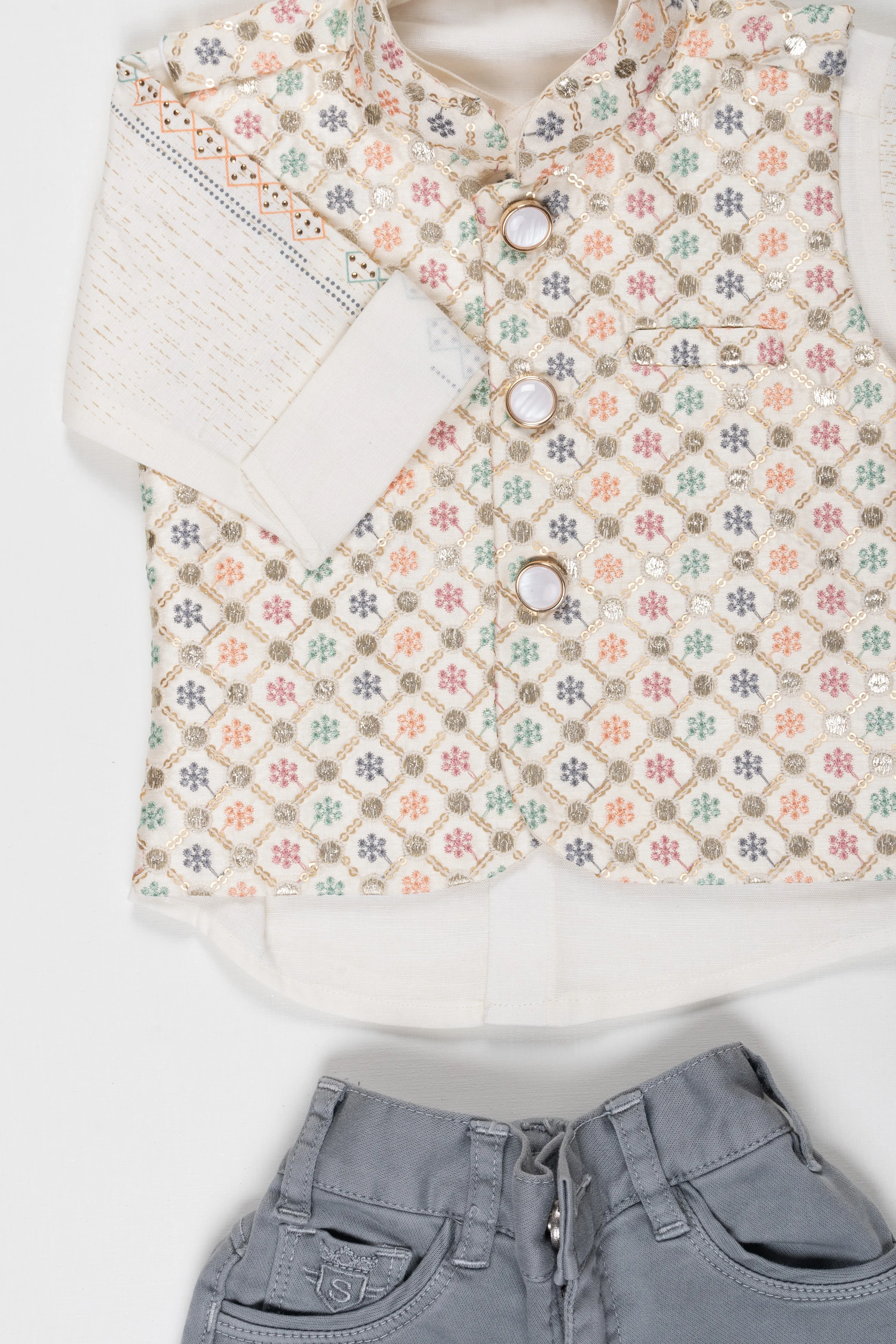 Elegant Floral Vest and Grey Trousers Ensemble for Children