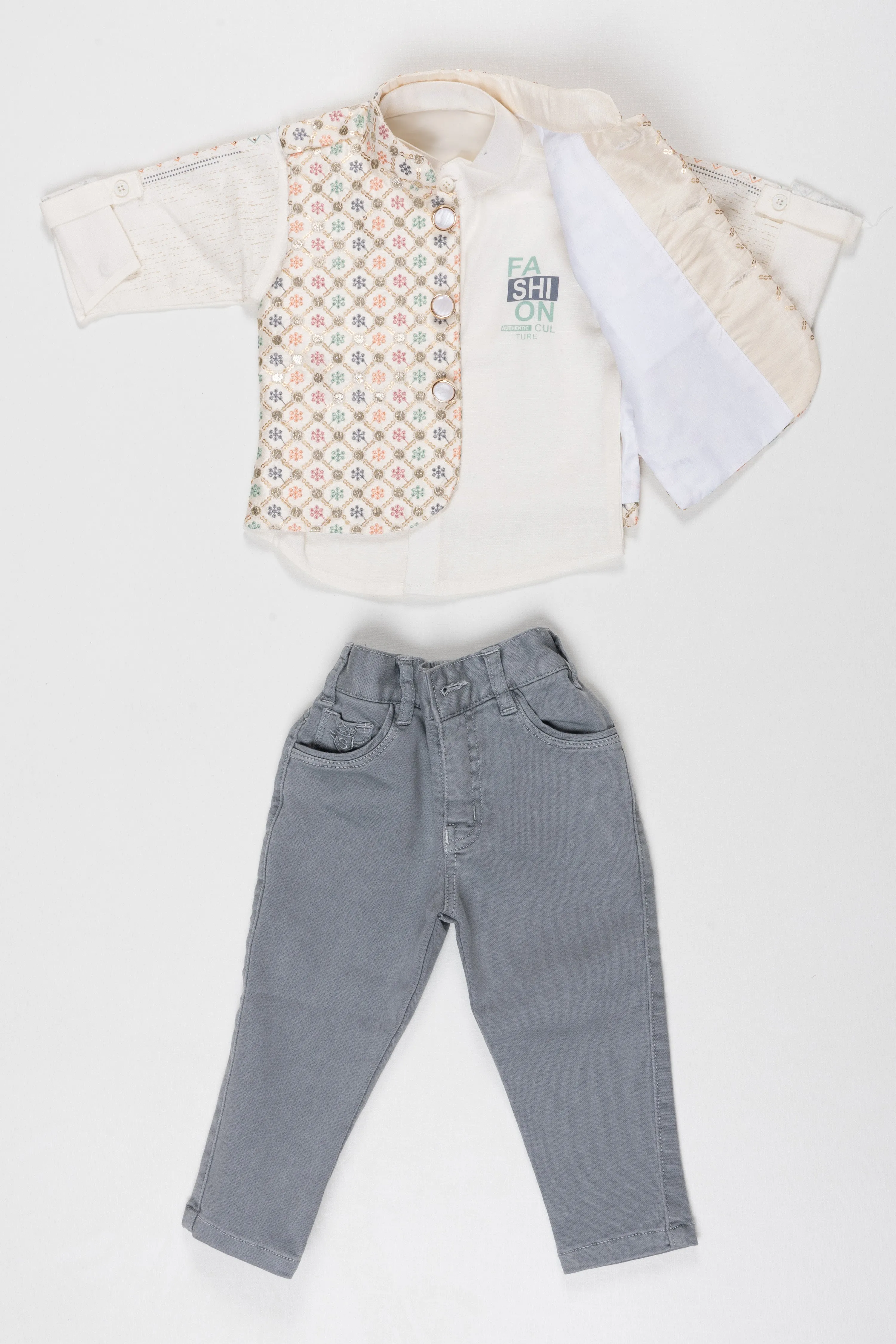 Elegant Floral Vest and Grey Trousers Ensemble for Children