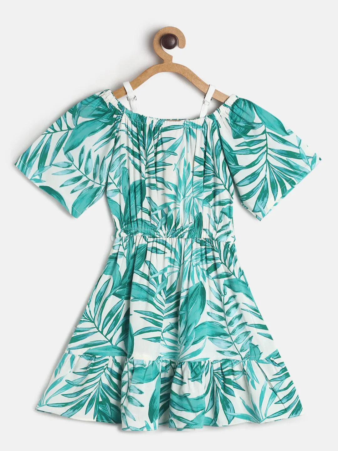 Girls Off Shoulder Green Printed Cotton Dress