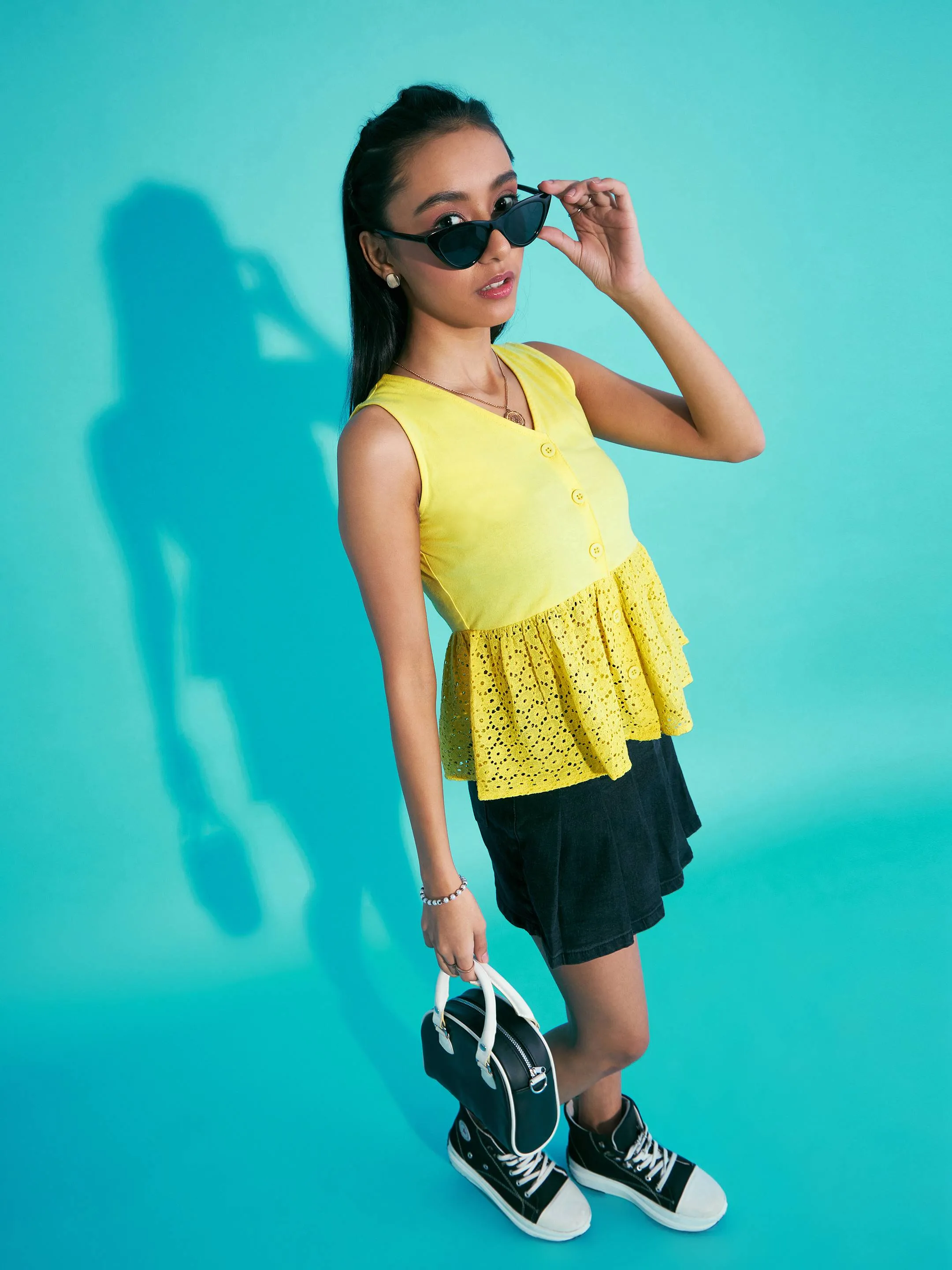 Girls Yellow Front Button Schiffli Peplum Top