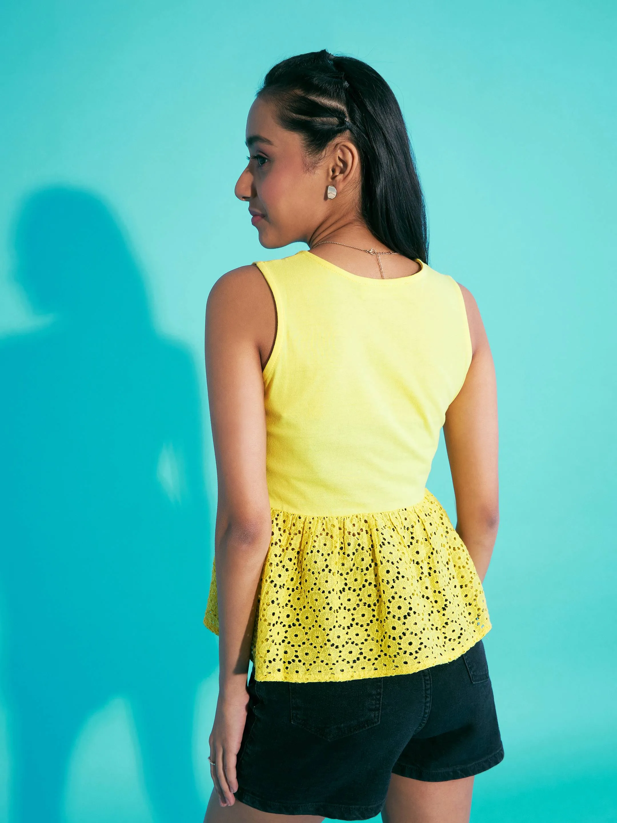 Girls Yellow Front Button Schiffli Peplum Top