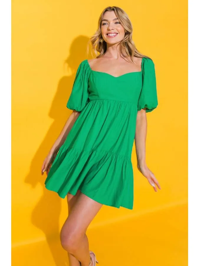 GREEN SOLID MINI DRESS WITH SWEETHEART NECKLINE AND BUBBLE SHORT SLEEVE