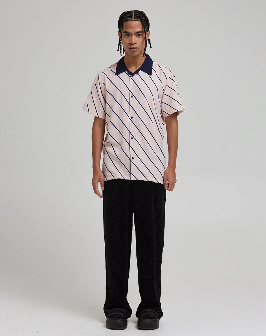 HOSONO MEN'S DIAGONAL STRIPE CUBAN COLLAR SHIRT | BLUSH