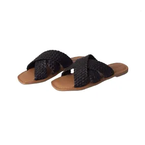 Human Shoes Envy Leather Slide in Black Weave