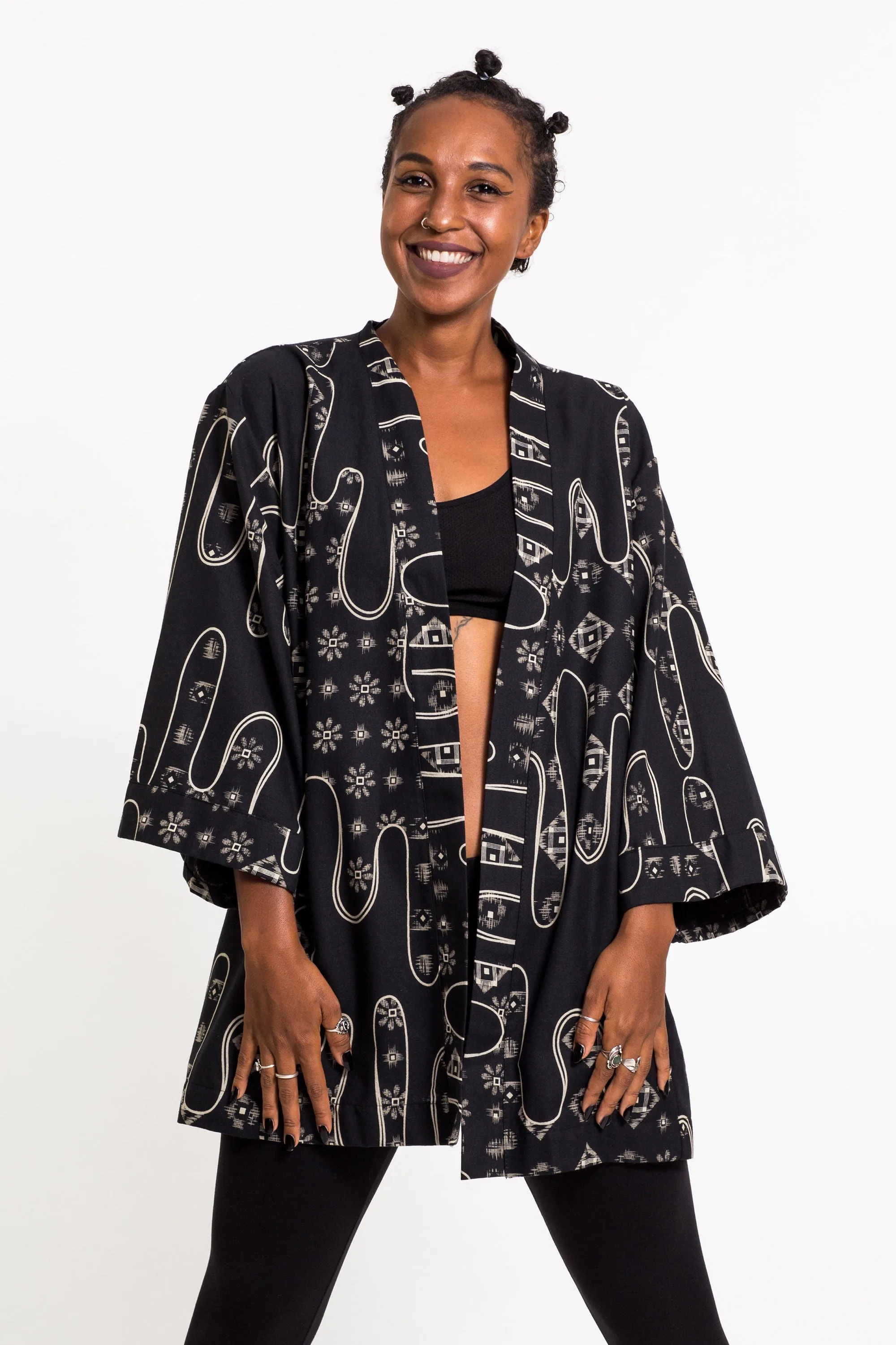 Japanese Print Cotton Kimono Cardigan in Black