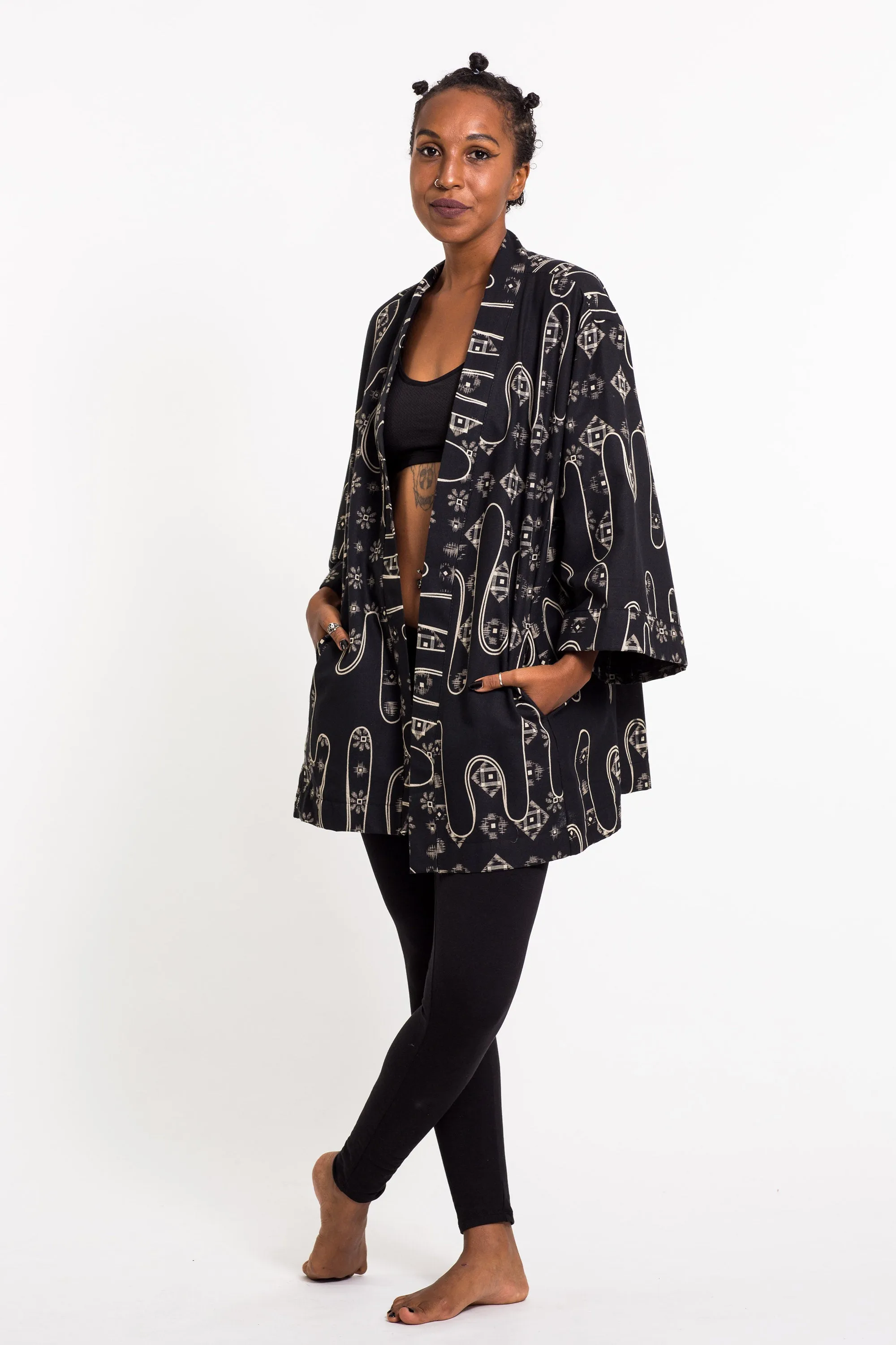 Japanese Print Cotton Kimono Cardigan in Black