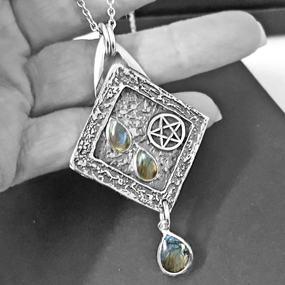 Labradorite Teardrop Pentacle Necklace, Handmade Solid Silver Pentagram Necklace