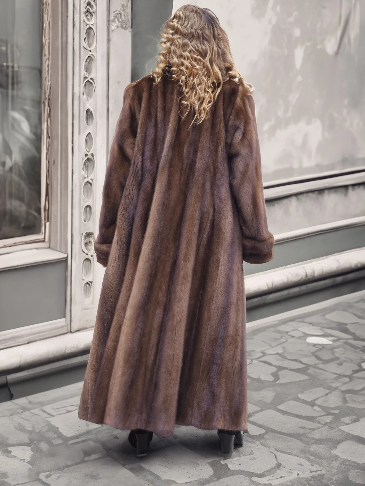 Luxurious Brown Demi Buff Canadian Mink Fur Coat 80" Sweep L