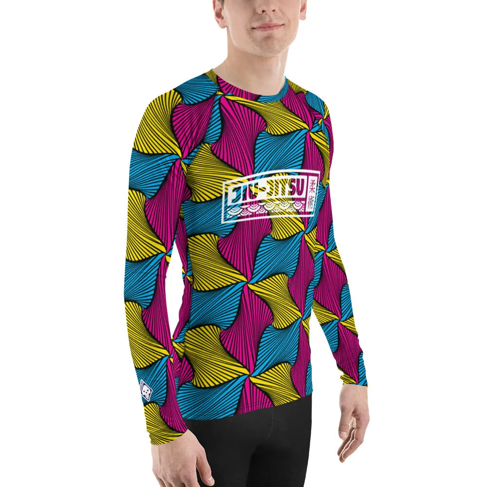 Men's Long Sleeve Ankara Wax Print 001 No Gi BJJ Compression Rash Guard for Jiu Jitsu, MMA, Grappling & Wrestling