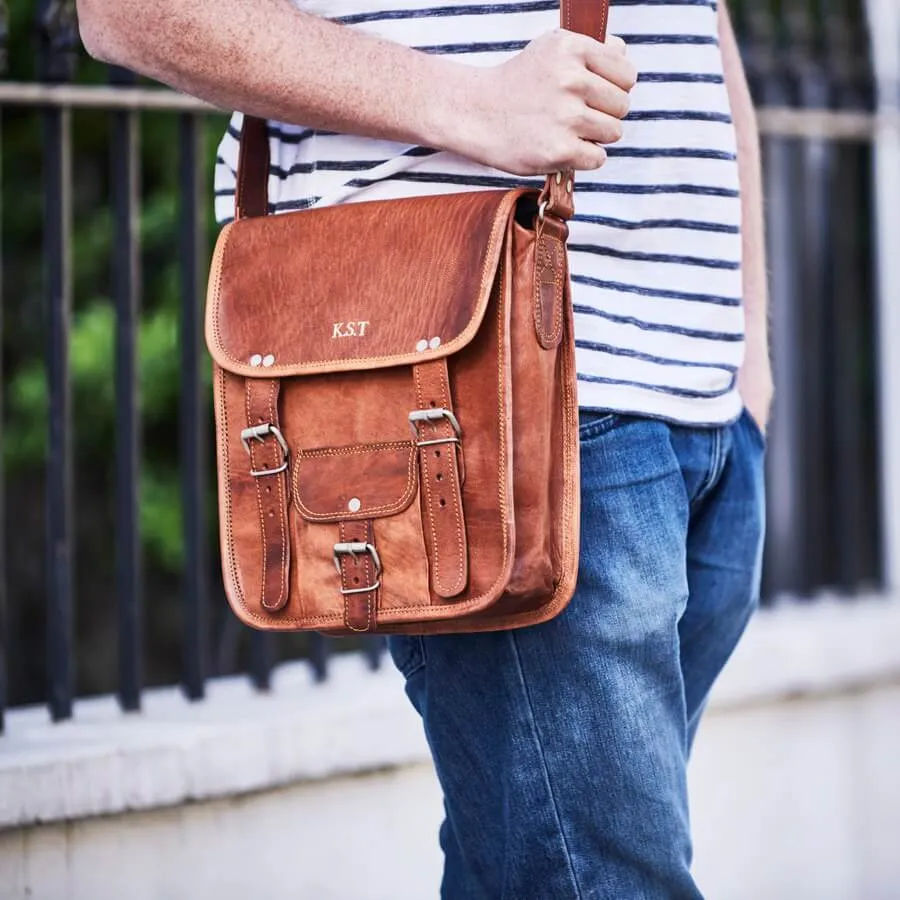 Men's Midi Long Leather Satchel with Front Pocket