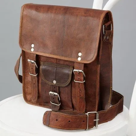 Men's Midi Long Leather Satchel with Front Pocket