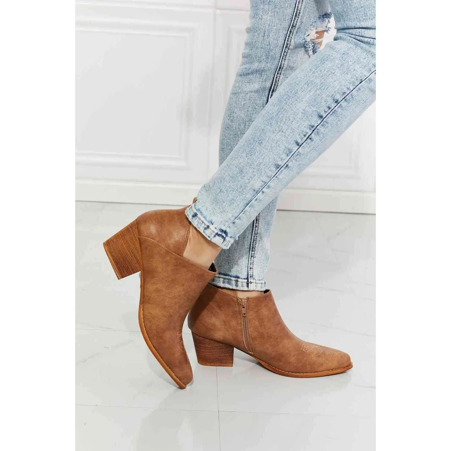 MMShoes Trust Yourself Embroidered Crossover Cowboy Bootie in Caramel