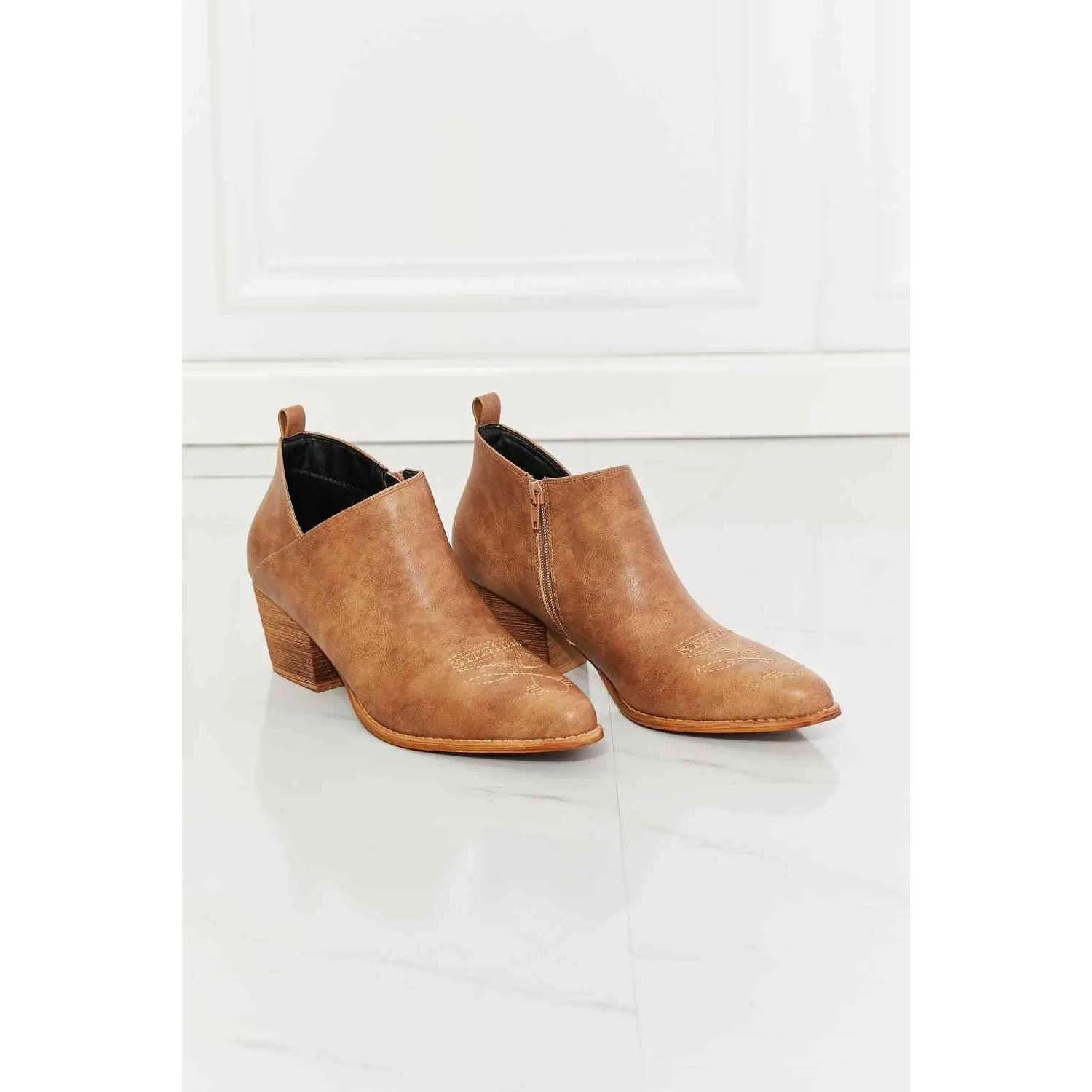 MMShoes Trust Yourself Embroidered Crossover Cowboy Bootie in Caramel