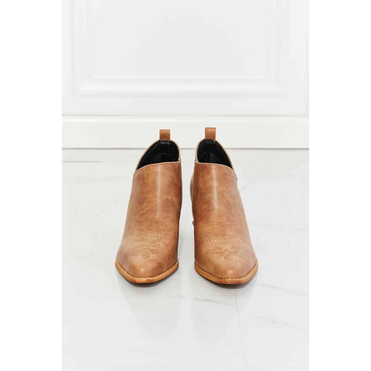 MMShoes Trust Yourself Embroidered Crossover Cowboy Bootie in Caramel